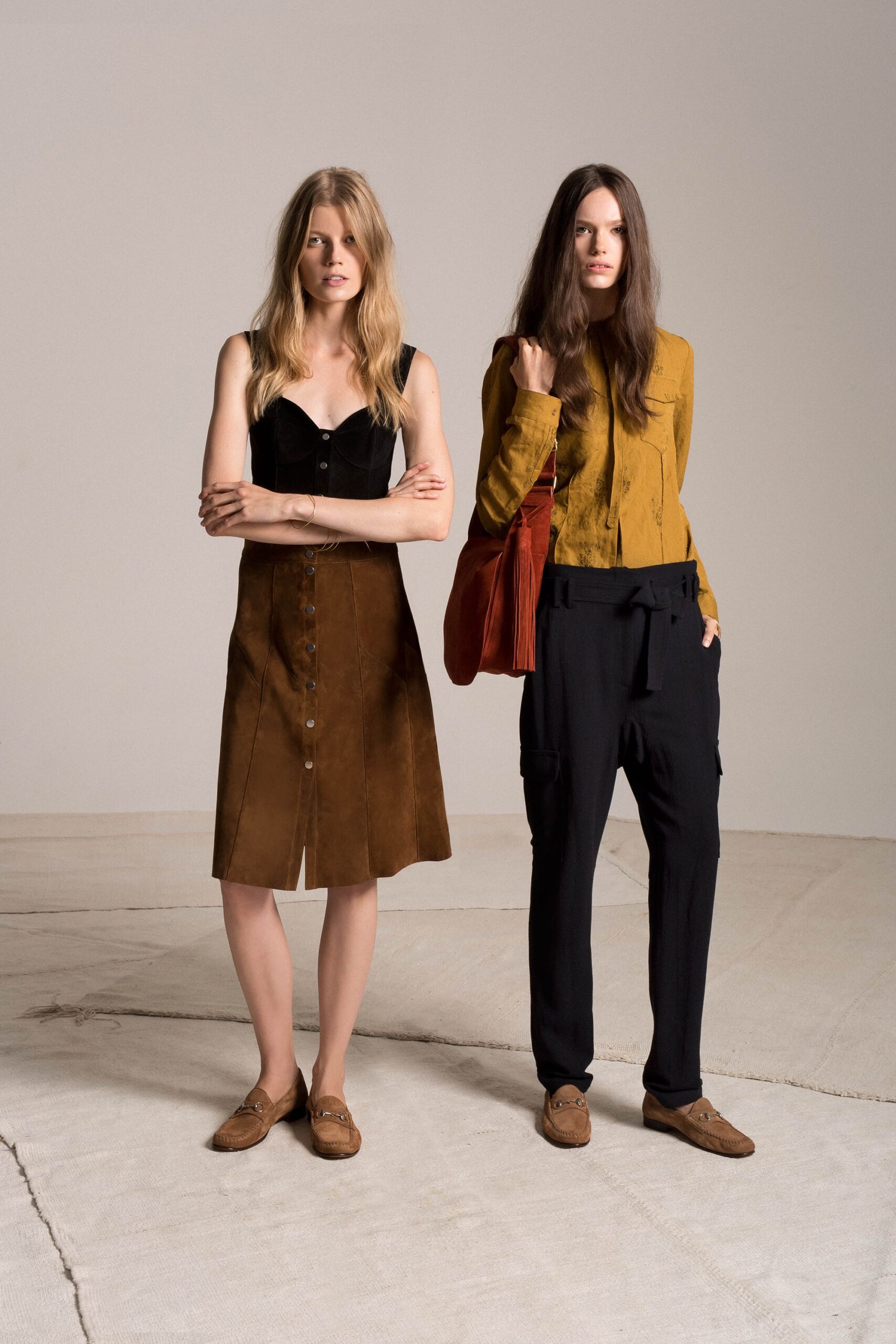 brown suede fitted buttoned a-line midi skirt