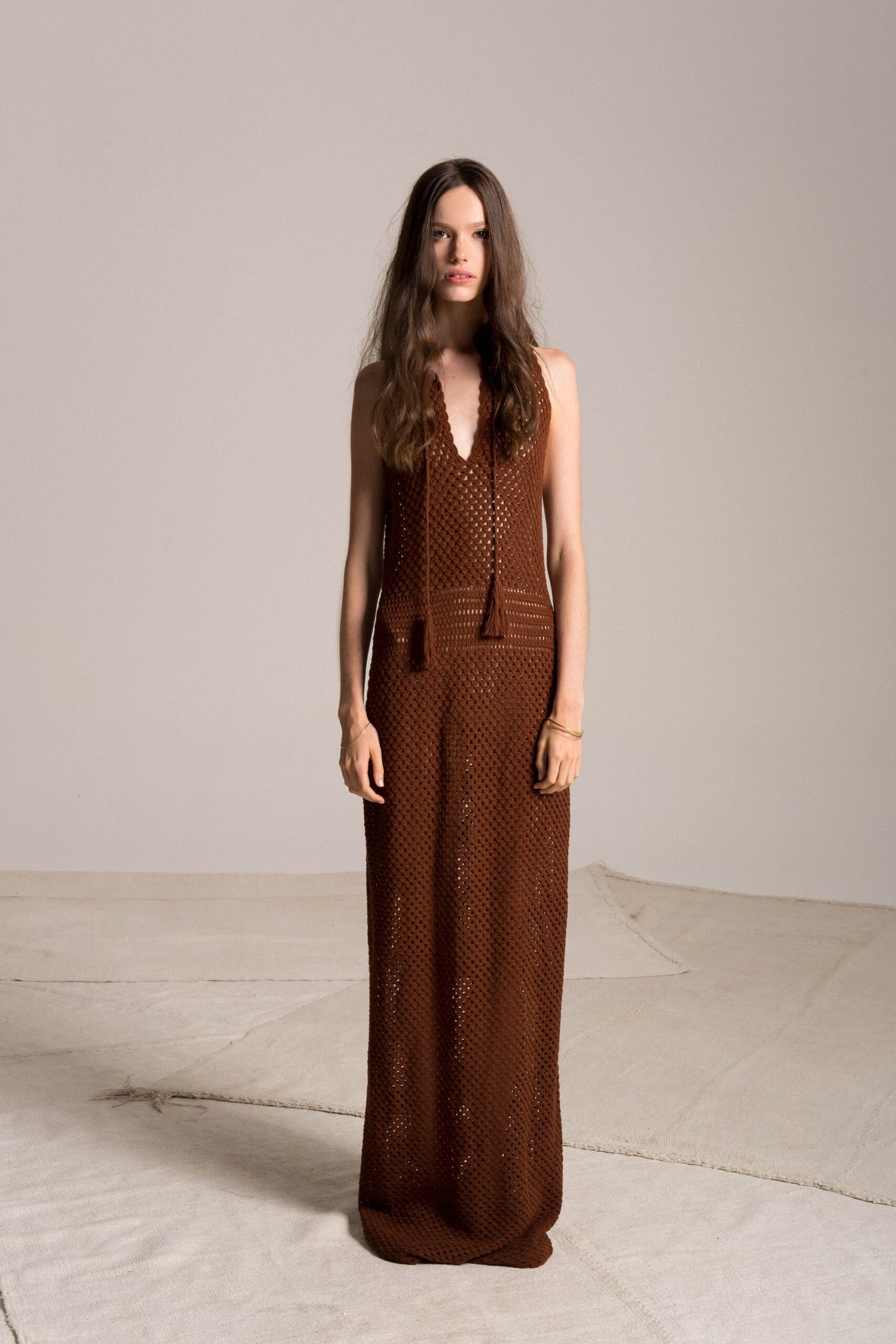 brown crochet sleeveless dress