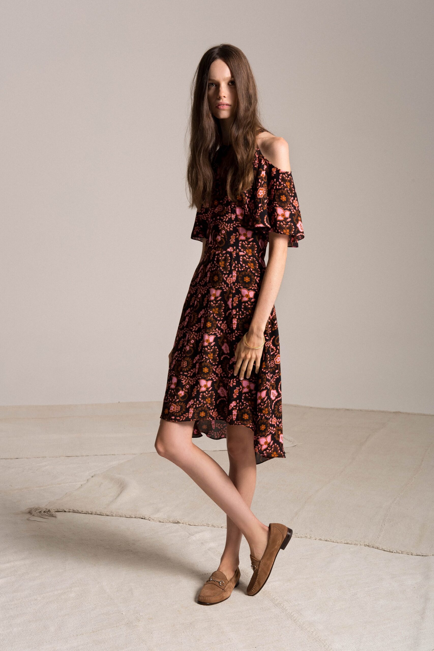 black pink orange off-shoulder dress