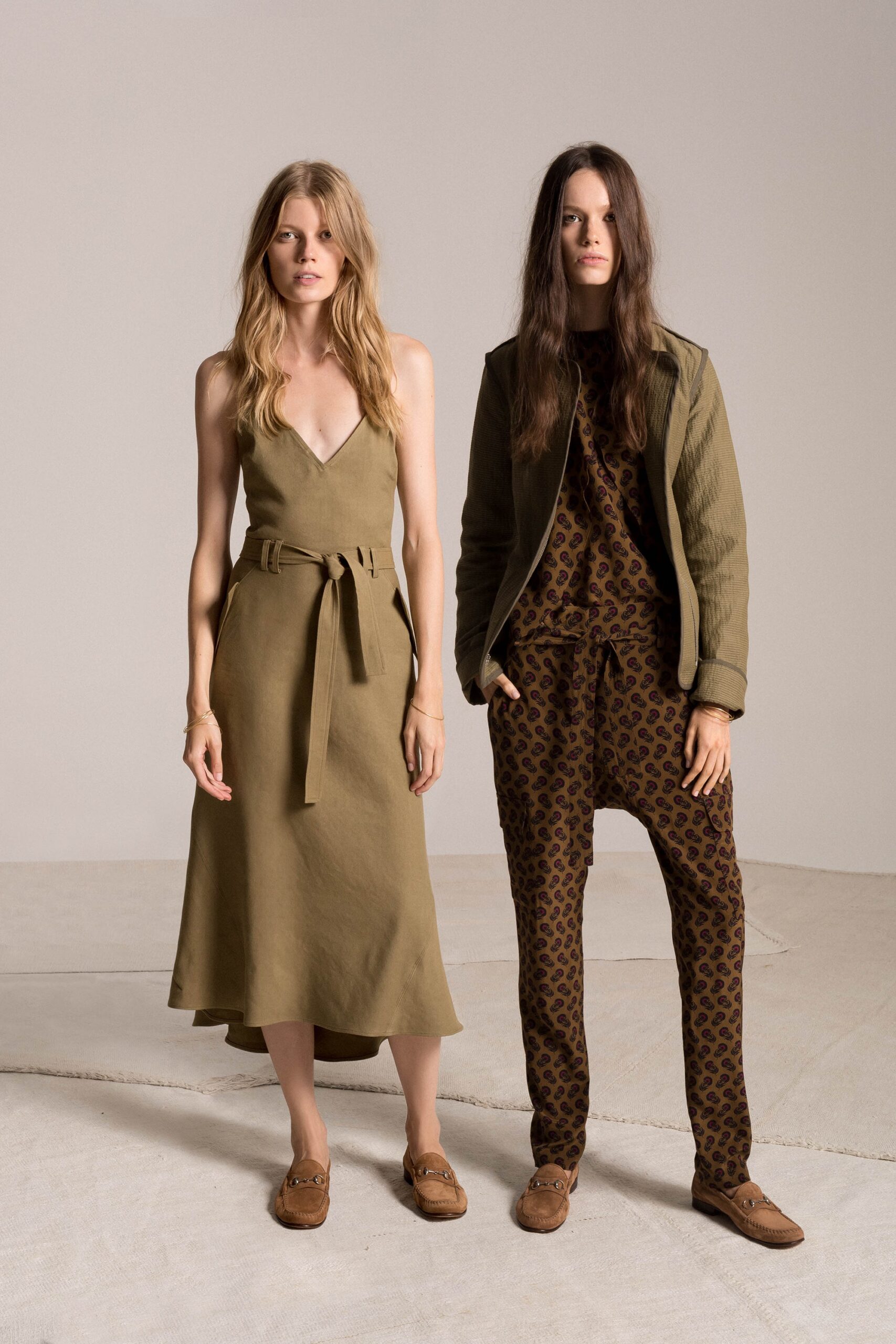 green midi dress and olive jacket