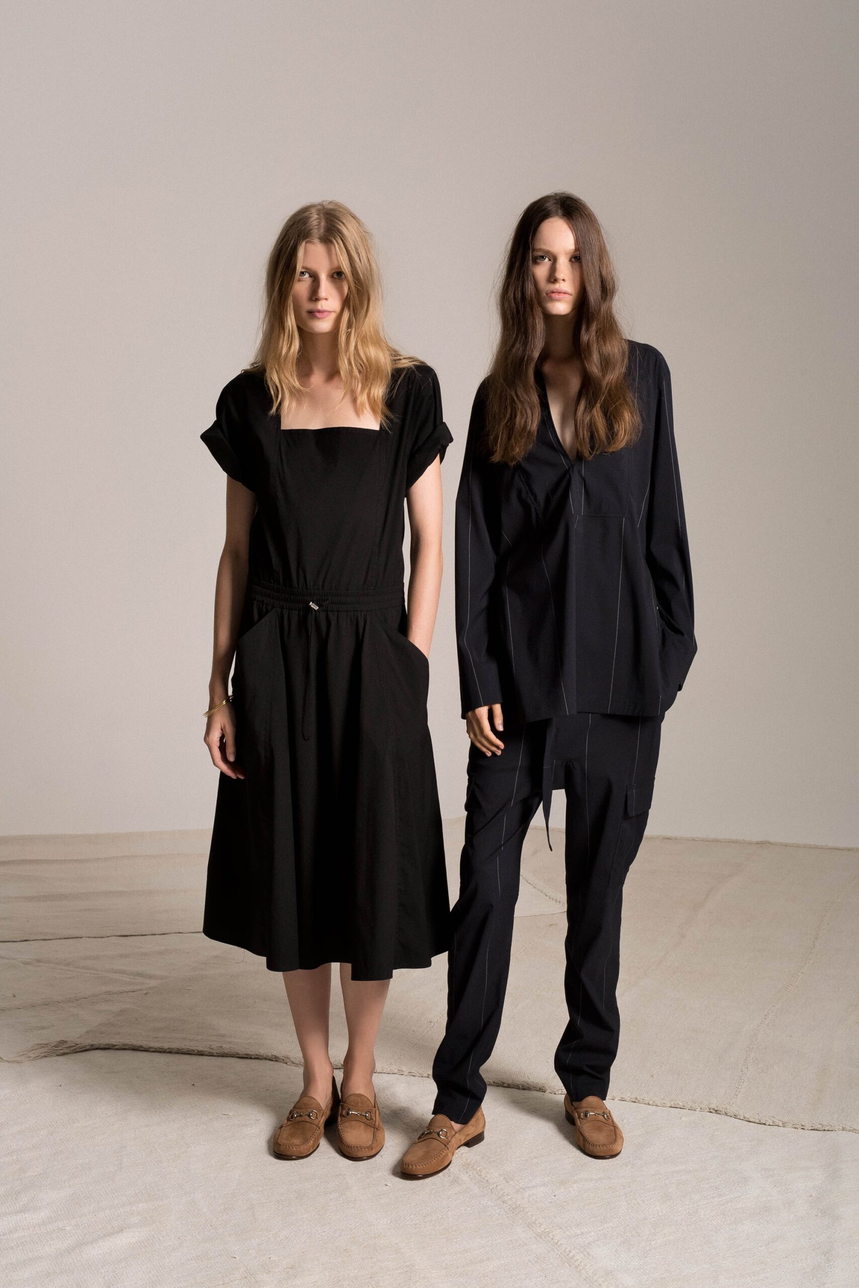 black relaxed midi dress and navy shirt