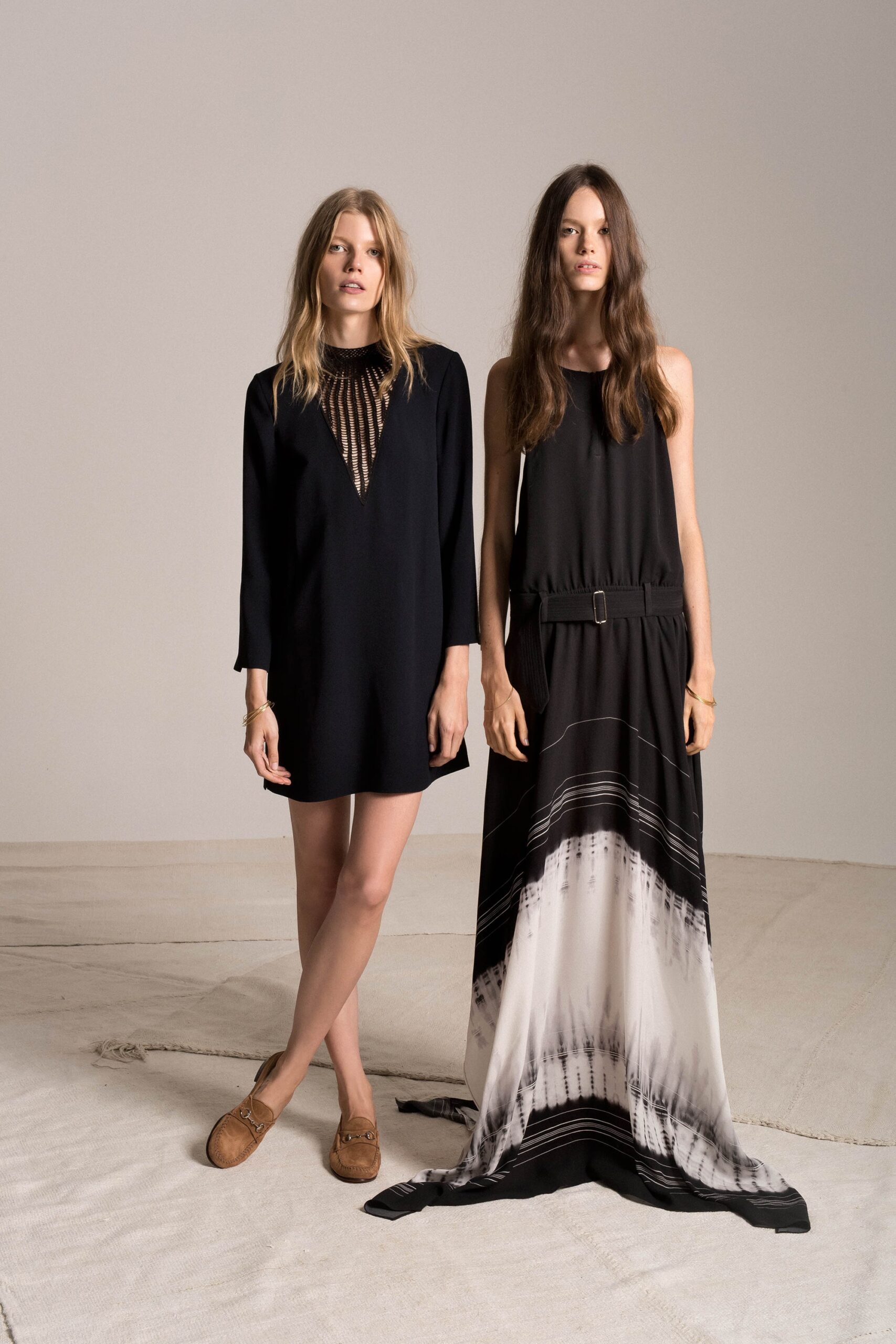 black silk short dress and flowing maxi dress