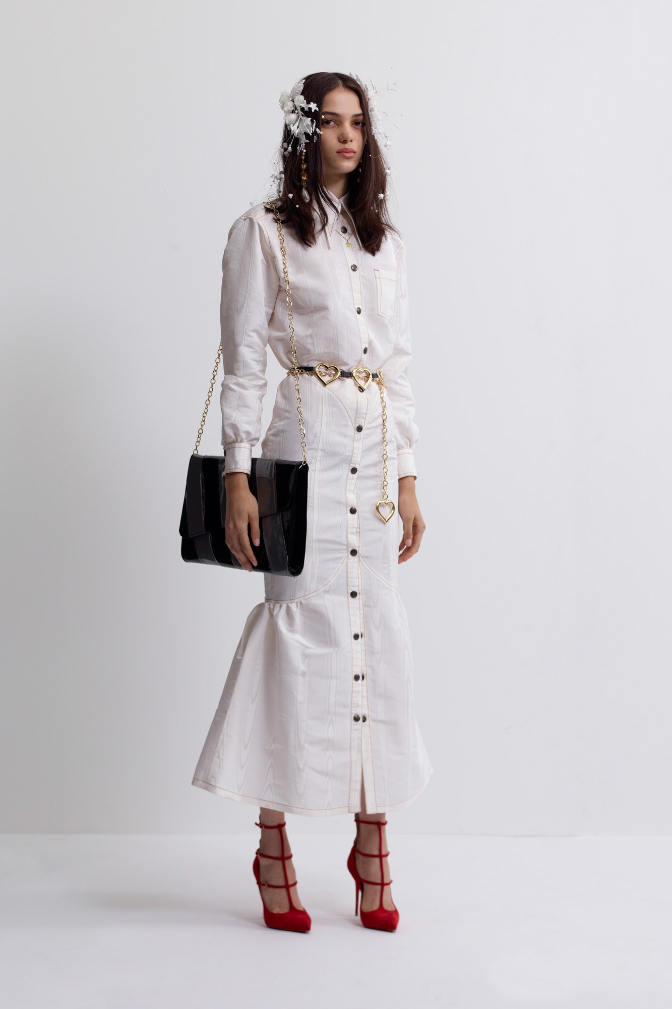 white cotton long-sleeve collared fitted buttoned straight-leg shirt-dress