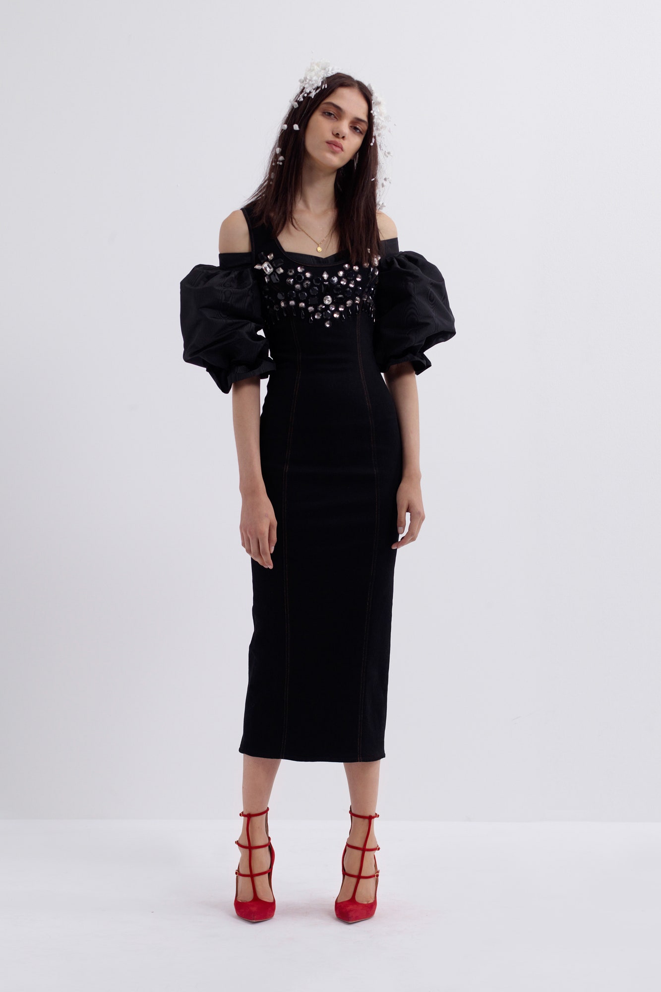 black fitted off-shoulder dress