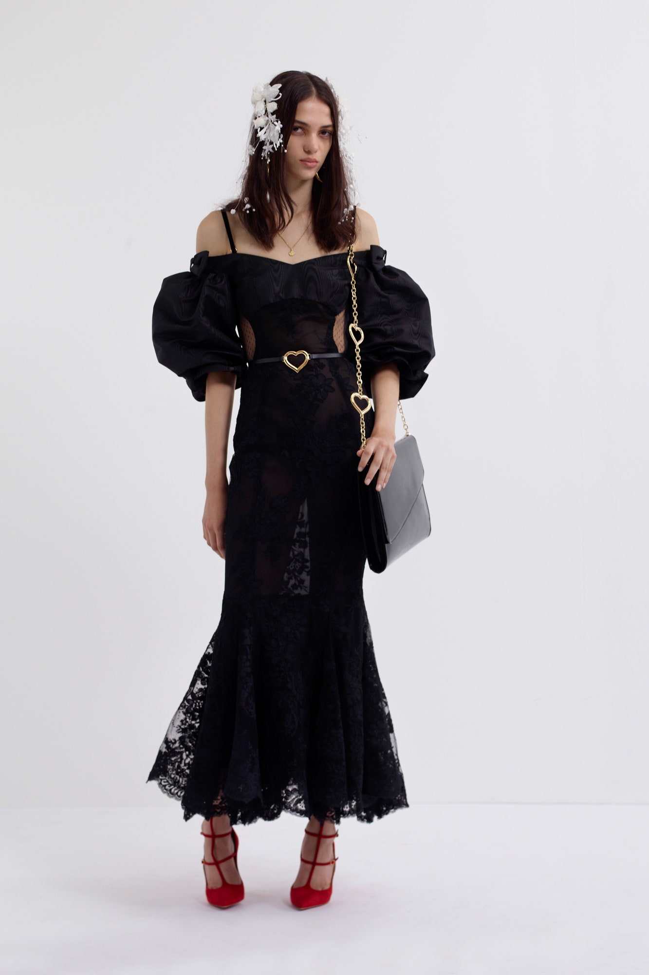 black lace off-shoulder long-sleeve fitted flared midi dress