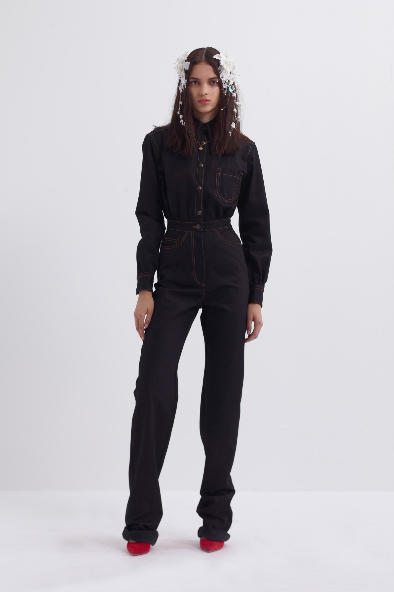 black denim long-sleeve collared fitted straight-leg buttoned jumpsuit