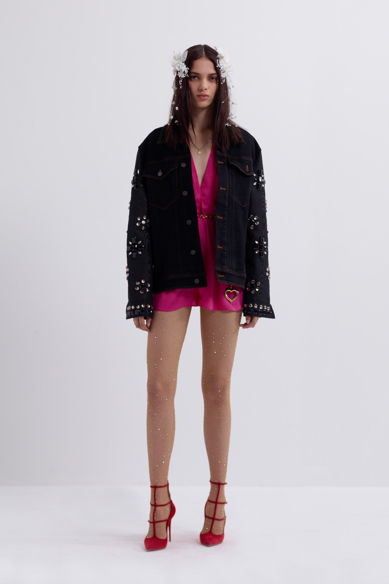 black denim long-sleeve collared oversized buttoned embellished jacket