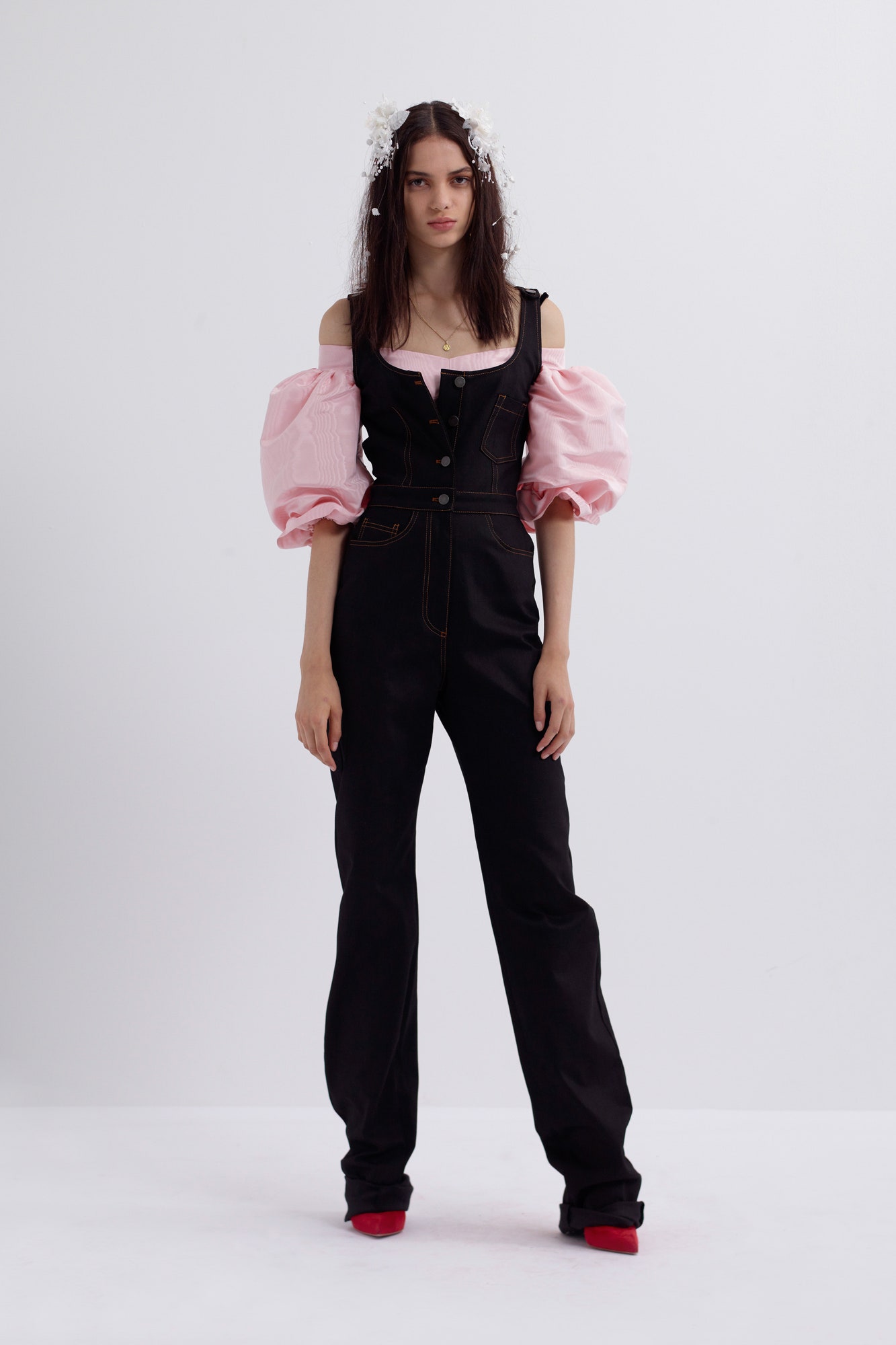 pink cotton short-sleeve off-shoulder relaxed padded blouse
