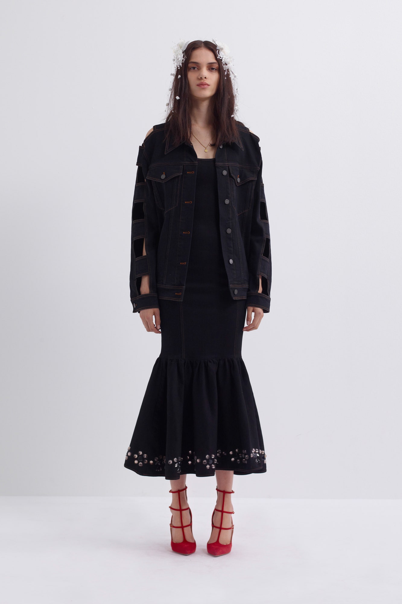 black denim sleeveless v-neck fitted flared midi dress