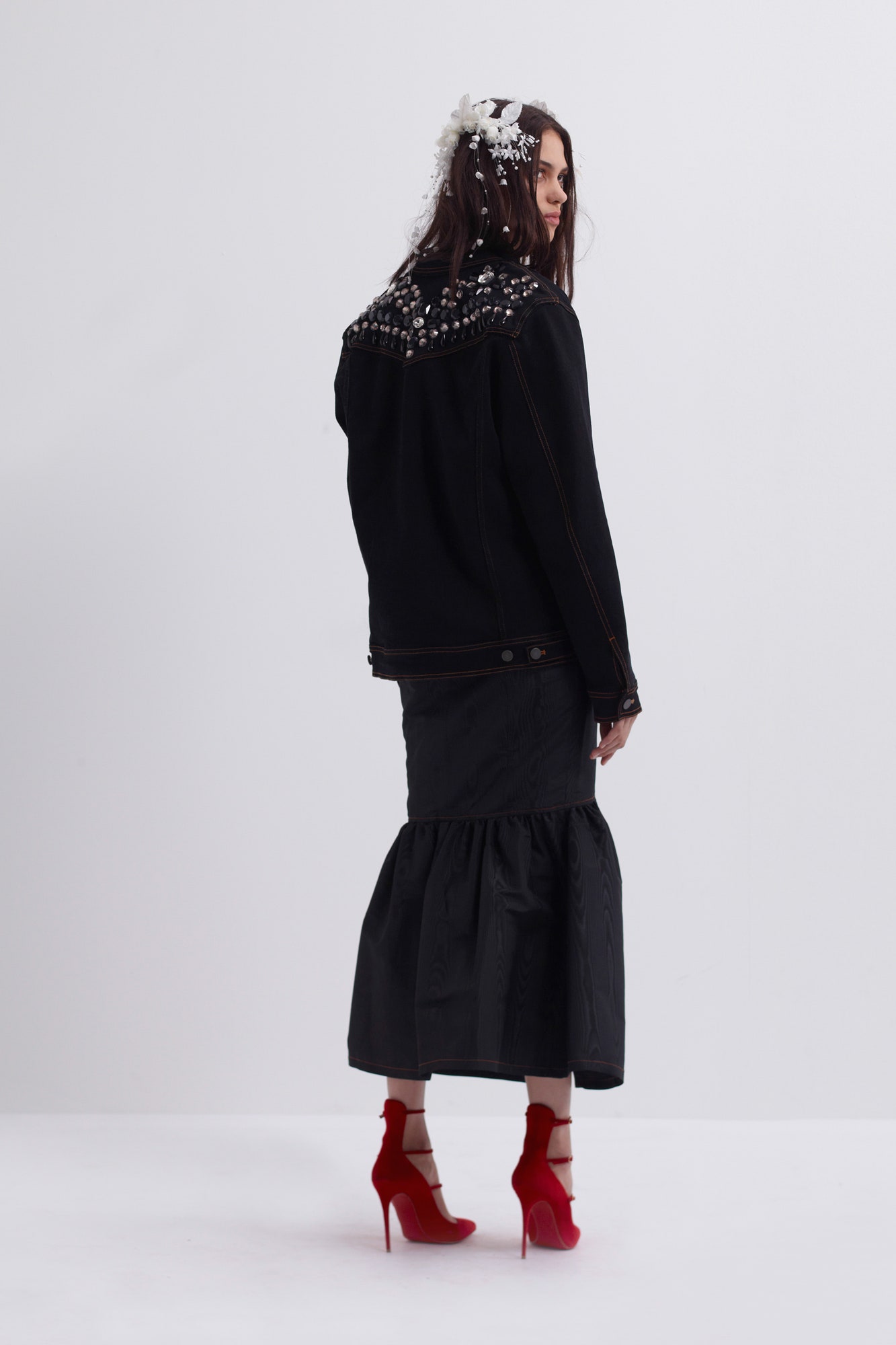 black denim jacket with tiered skirt