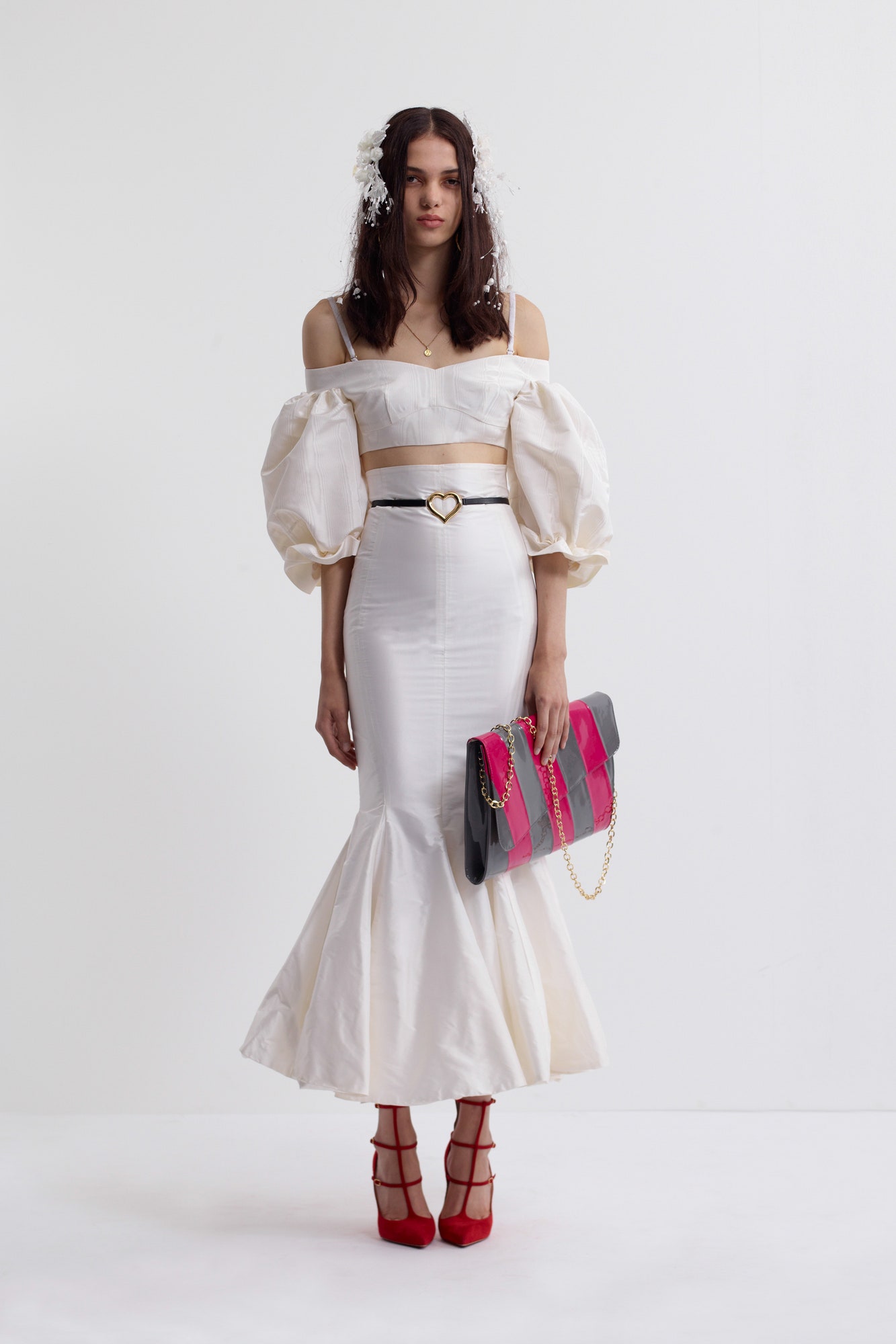 white cotton sleeveless off-shoulder fitted ruffled crop-top