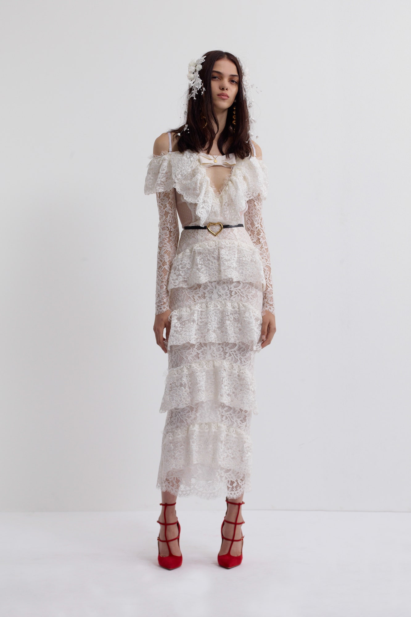 white lace sleeveless off-shoulder fitted tiered ruffled dress