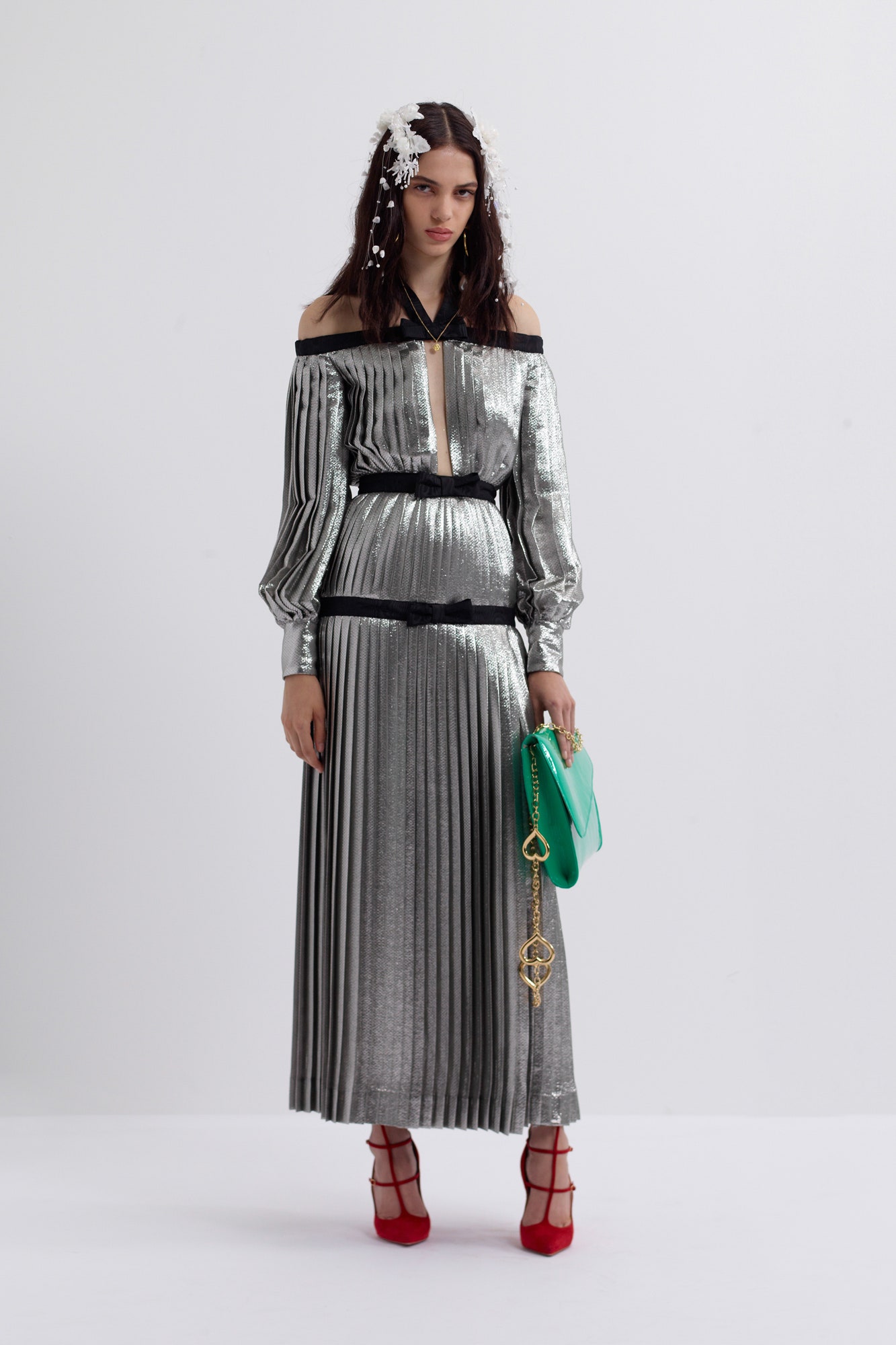 gray metallic long-sleeve off-shoulder fitted pleated shiny dress