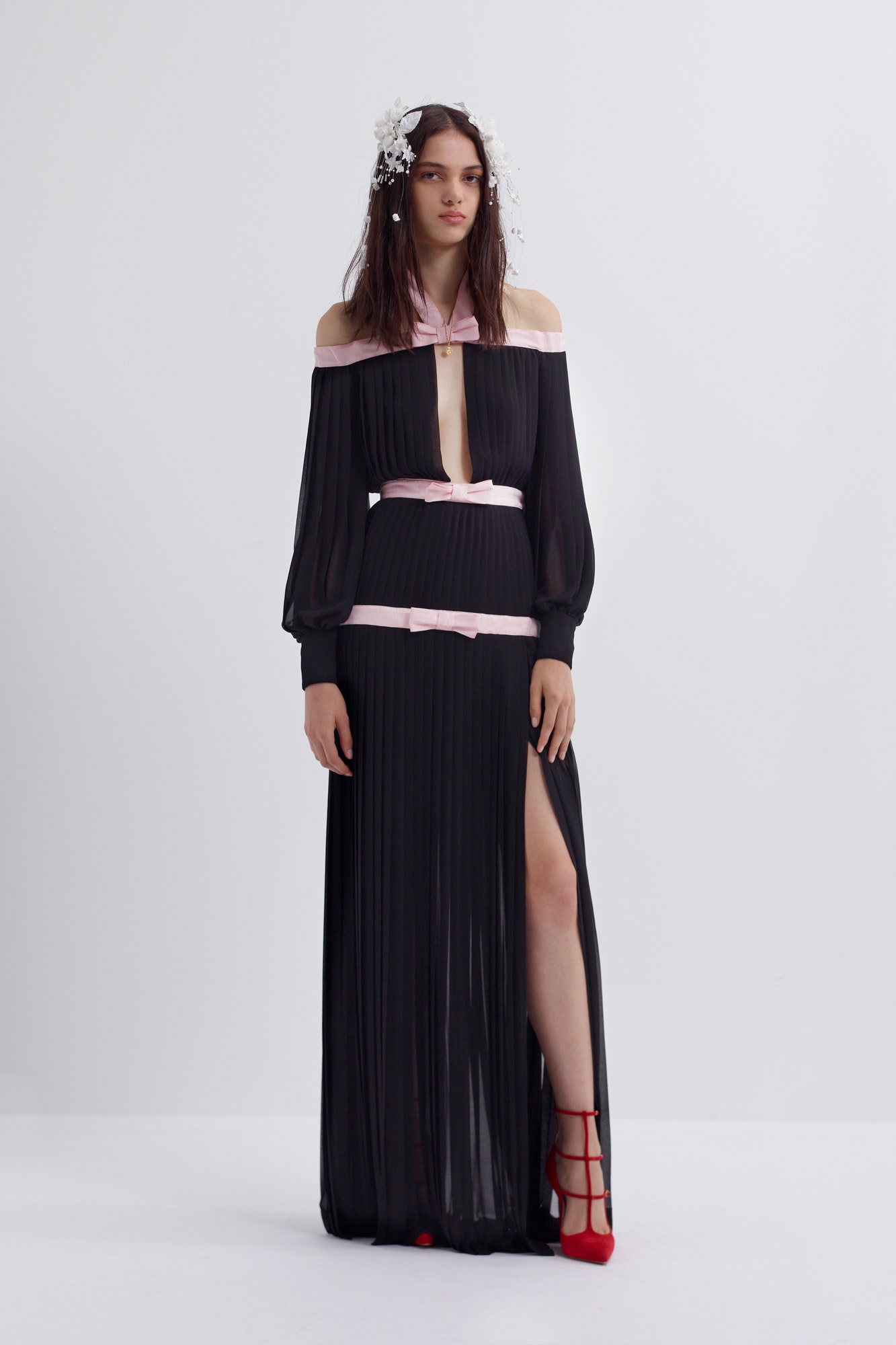 black pleated off-shoulder dress