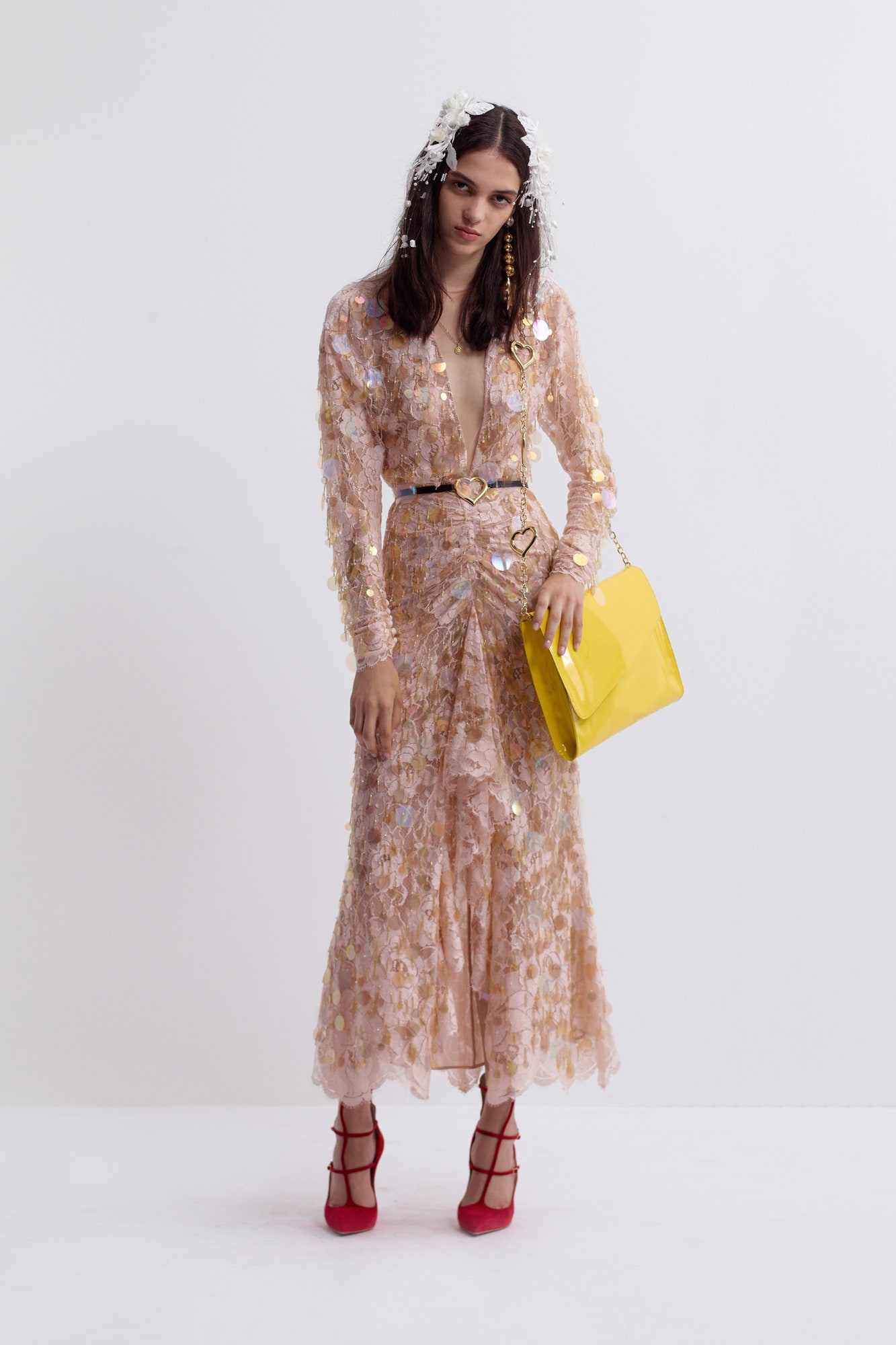 pink lace long-sleeve v-neck fitted embroidered tiered dress