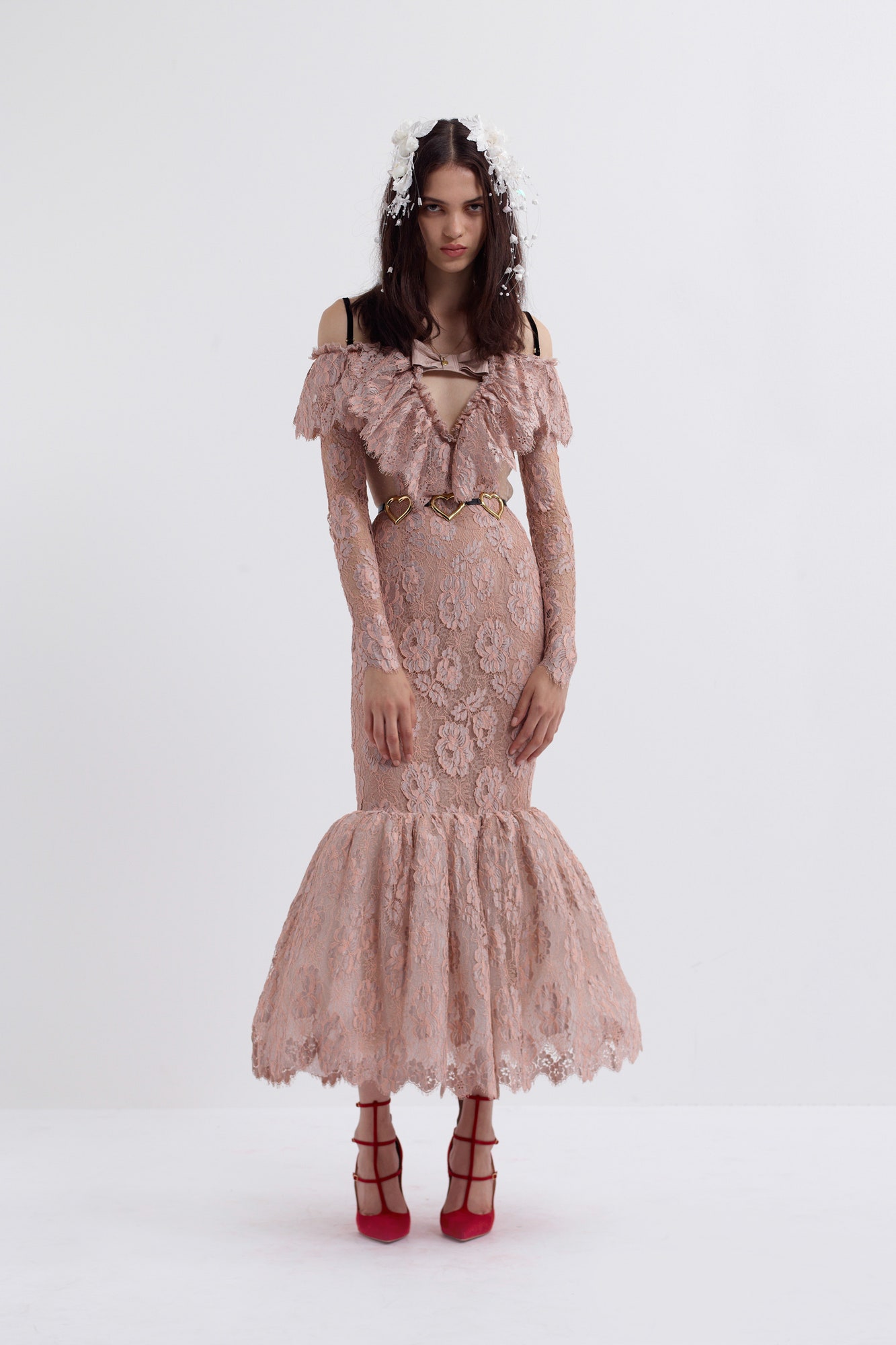 pink lace off-shoulder dress
