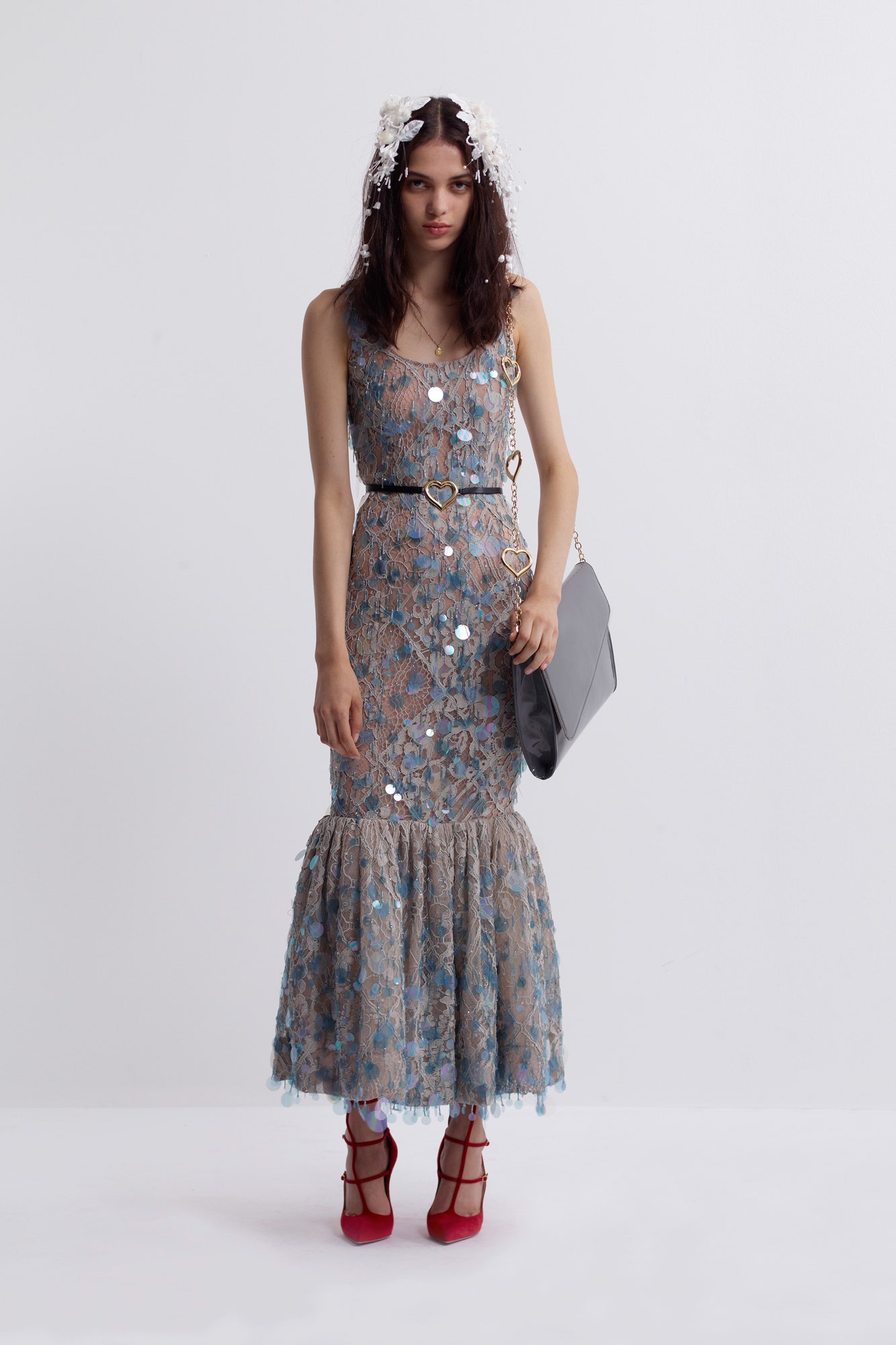 blue lace fitted midi dress
