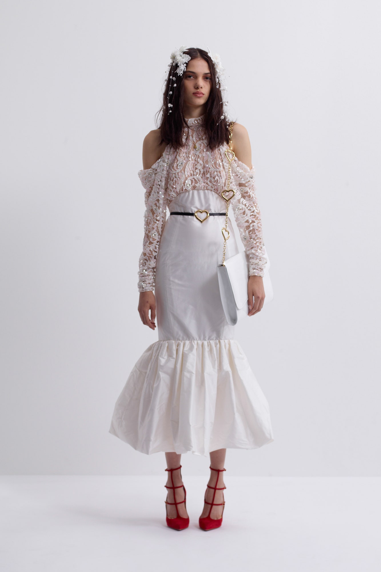 white lace long-sleeve off-shoulder fitted ruffled top