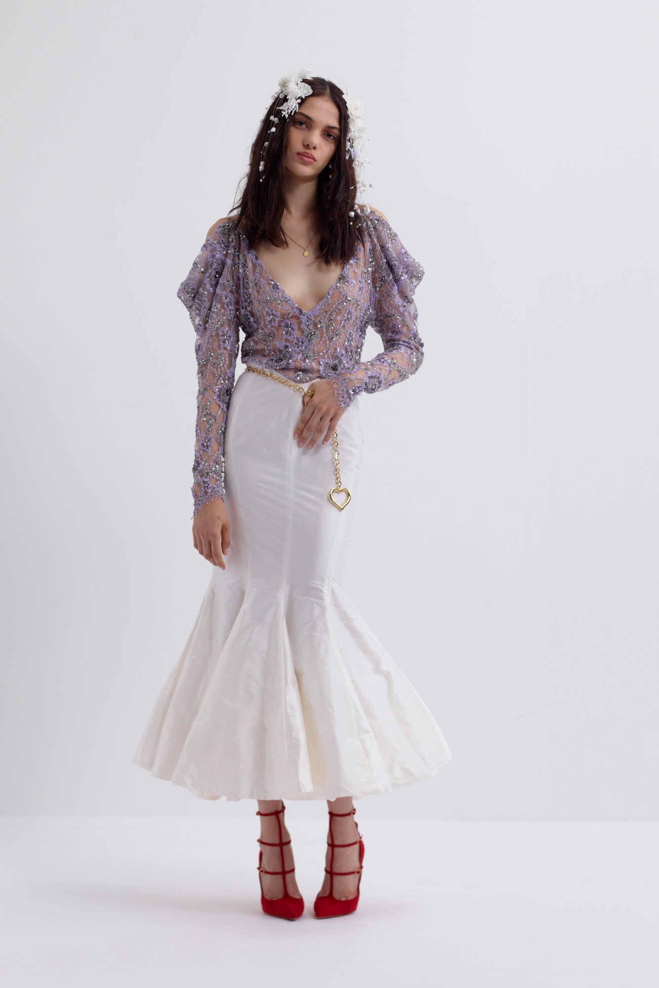 purple silk long-sleeve v-neck fitted embroidered top