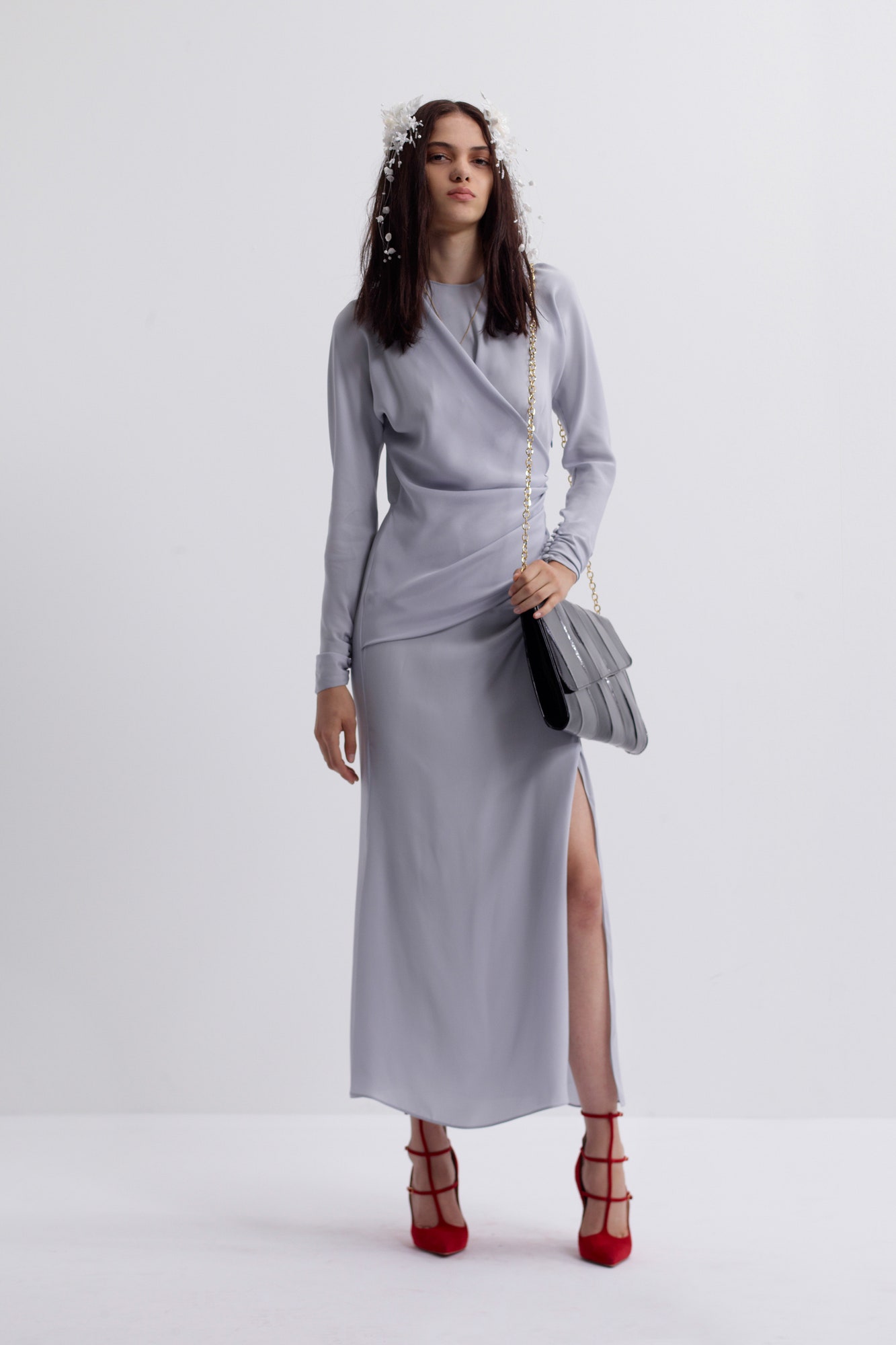 gray silk long-sleeve v-neck fitted draped flowing dress