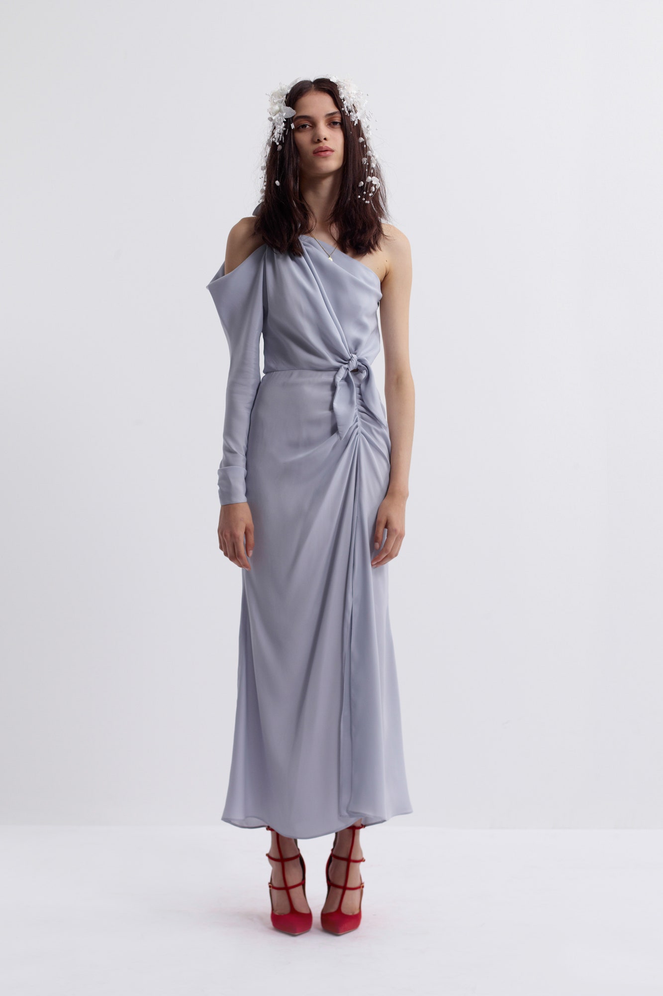 gray silk sleeveless asymmetric fitted ruched flowing dress