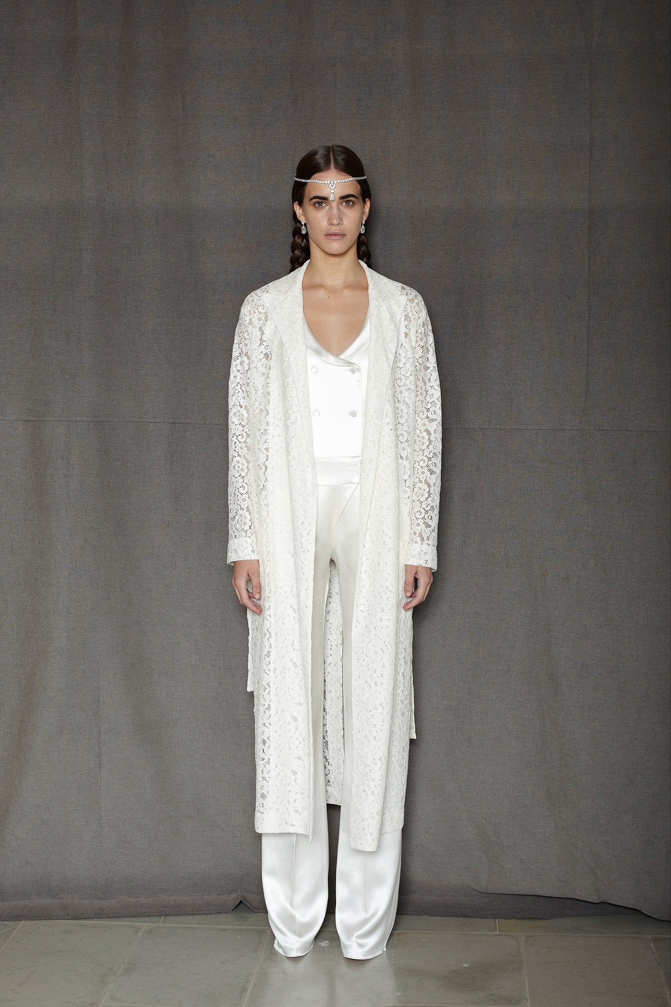 white lace coat with silk blouse