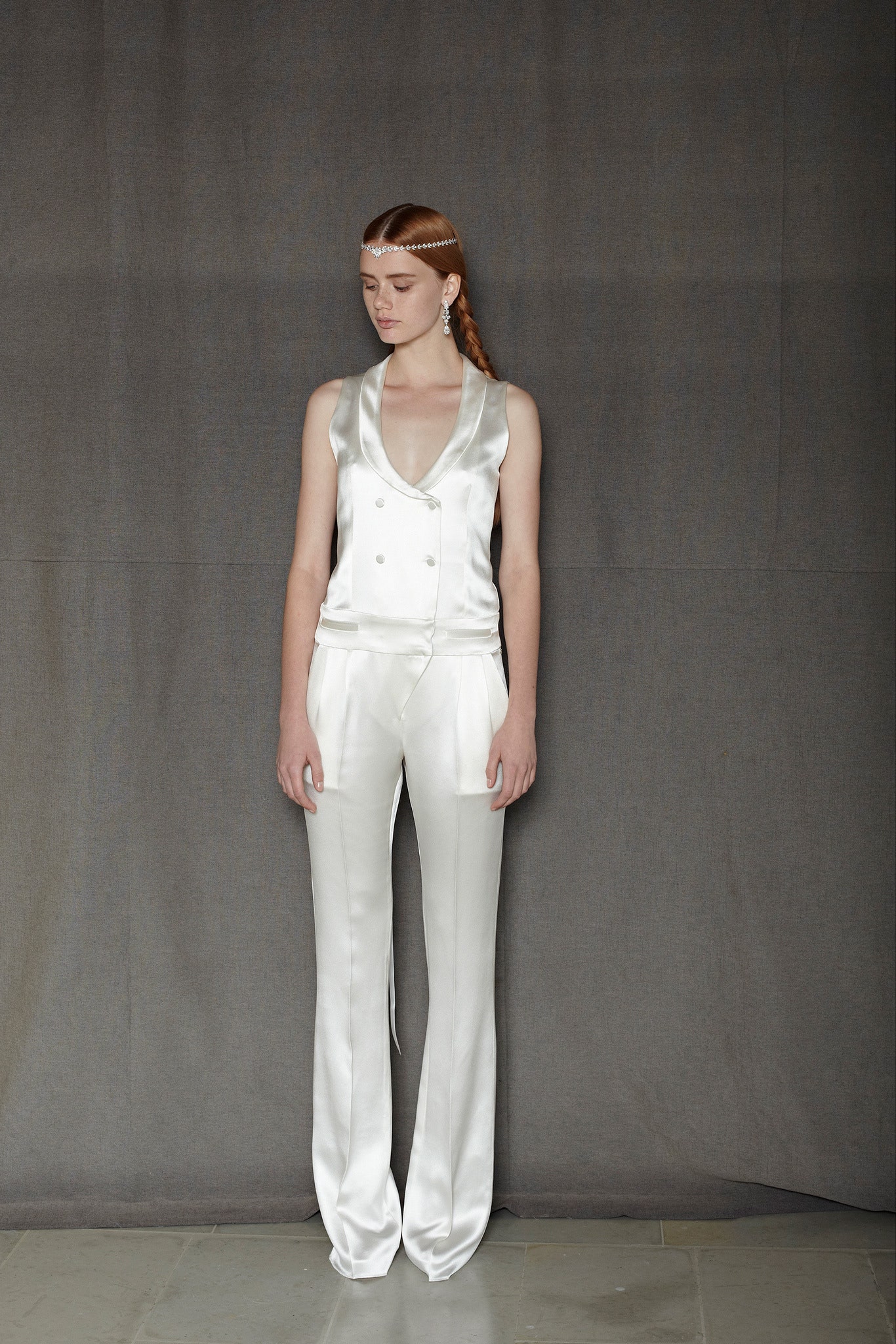 white silk fitted suit