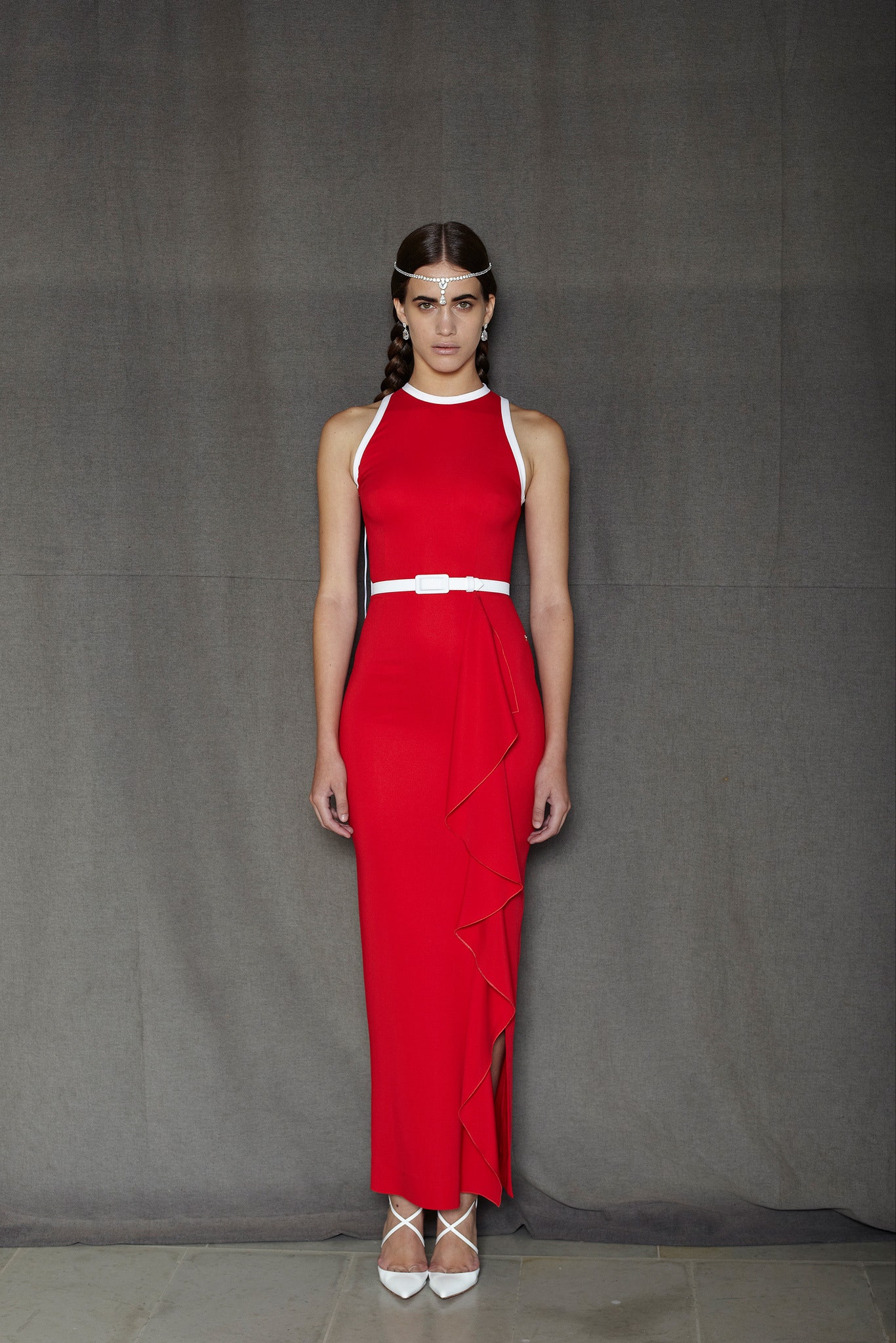 fitted red sleeveless gown
