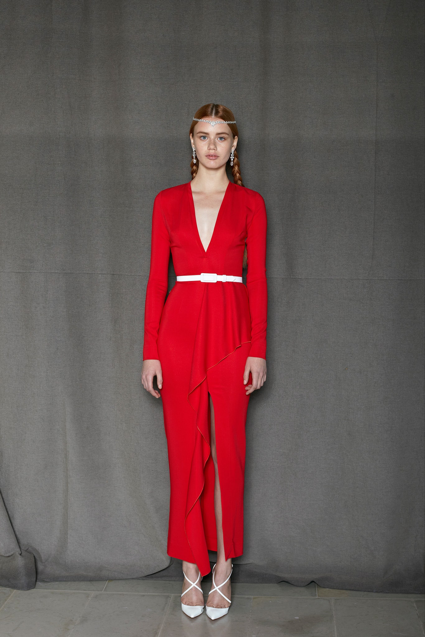 fitted red long-sleeve dress