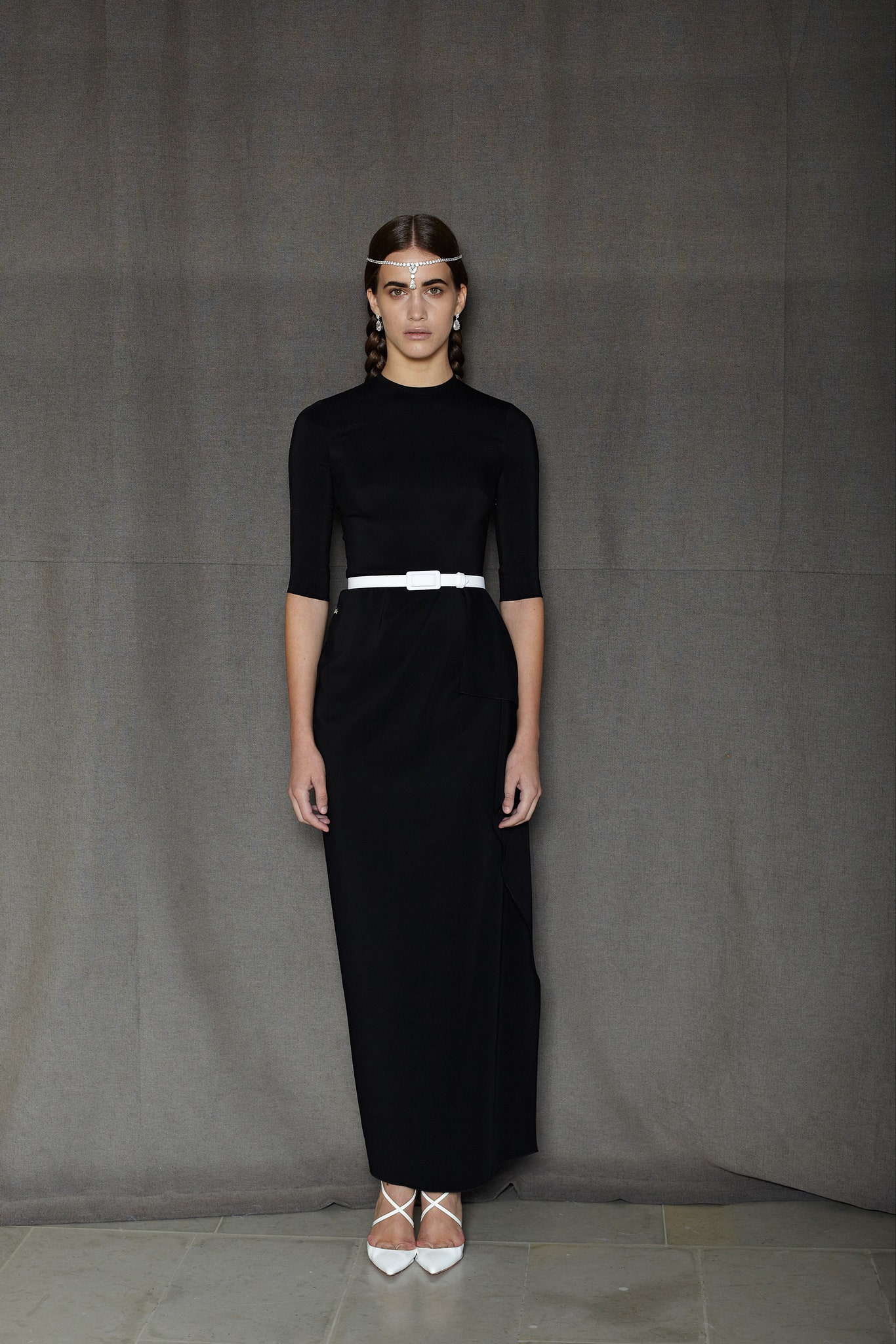 black cotton long-sleeve high-neck fitted straight-leg pockets dress