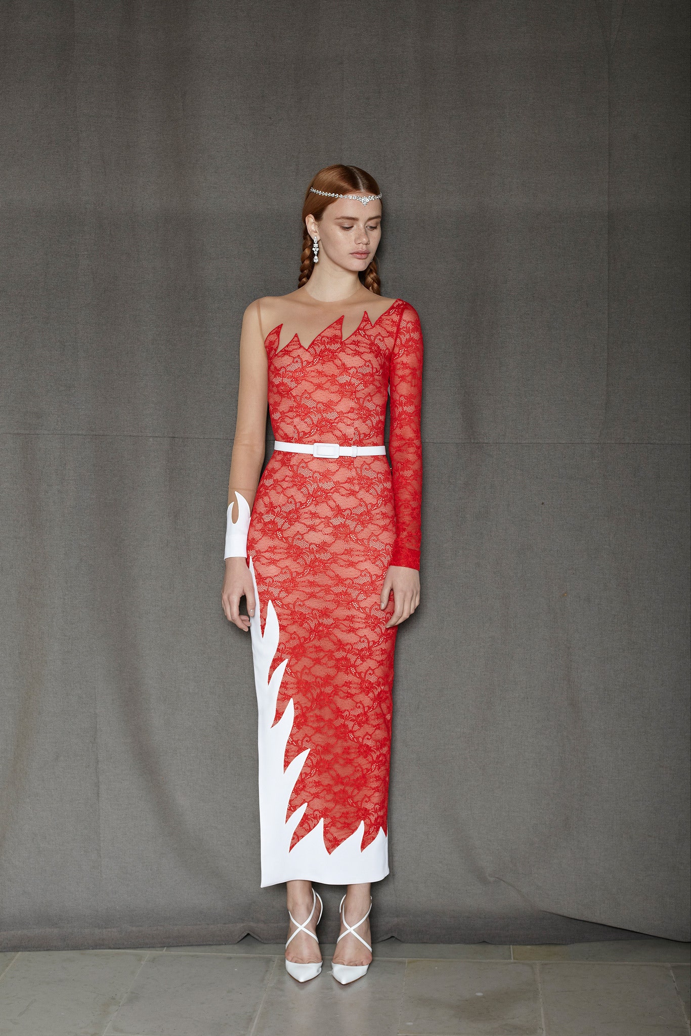 red lace fitted midi dress