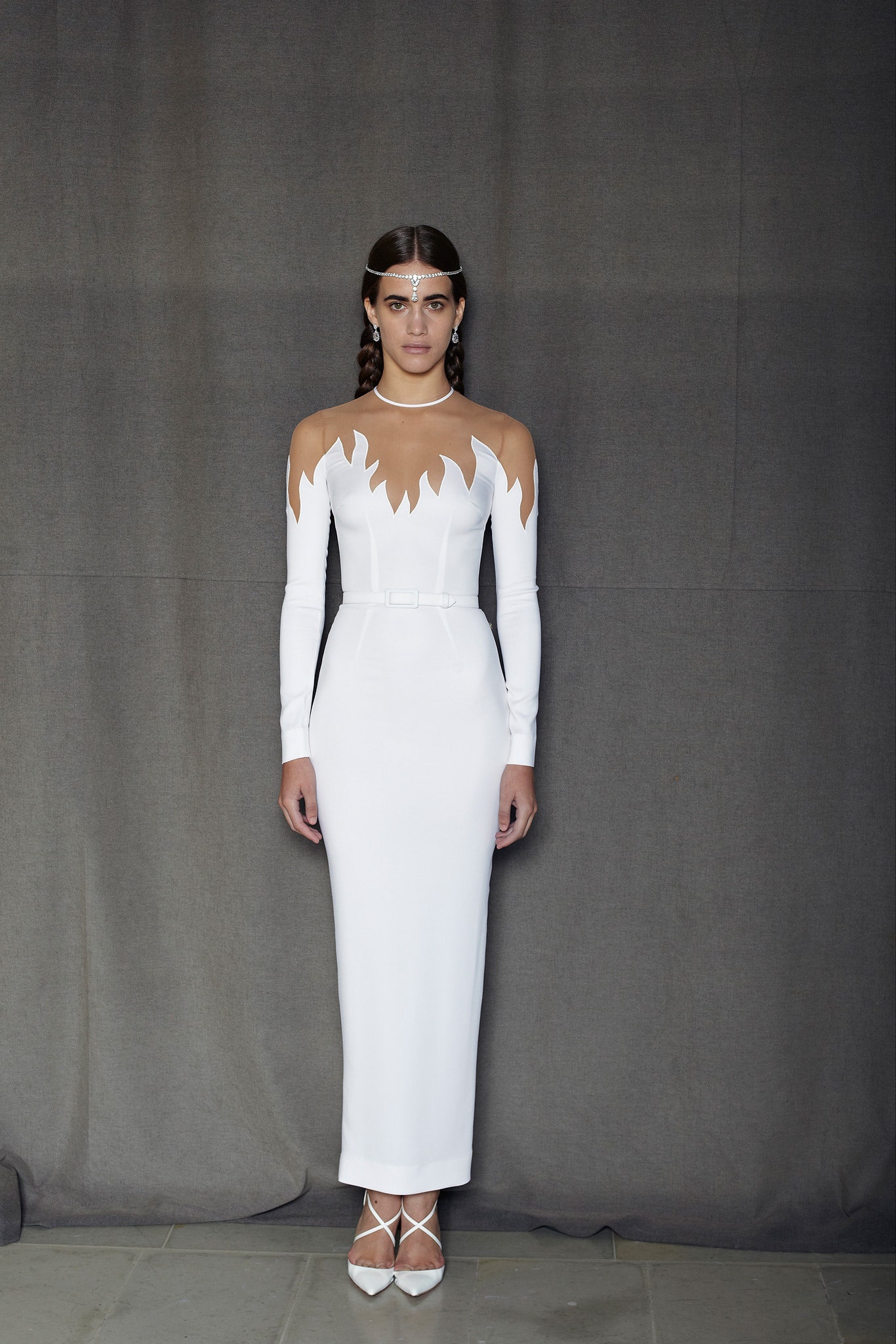fitted white silk gown