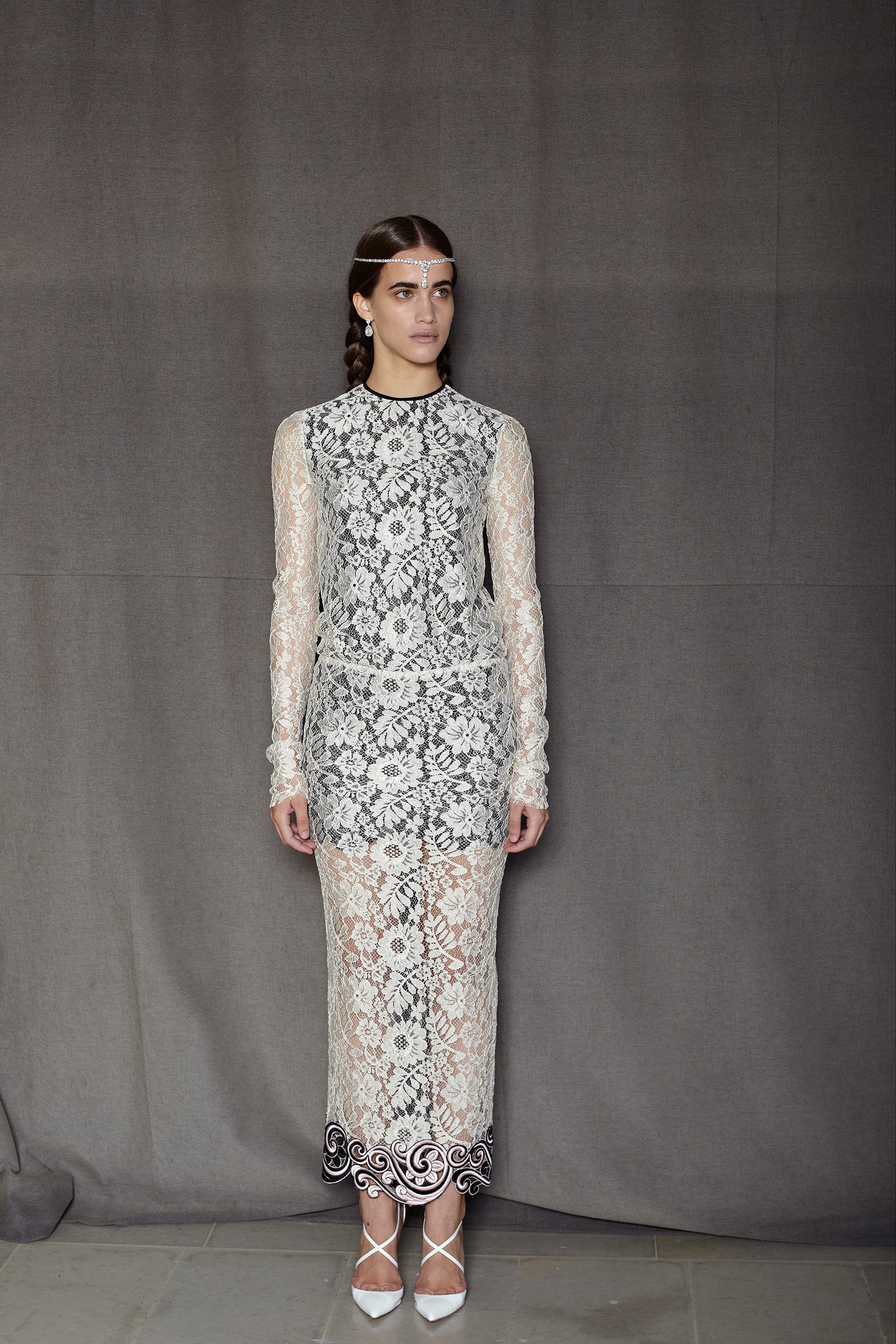 white and black lace midi dress