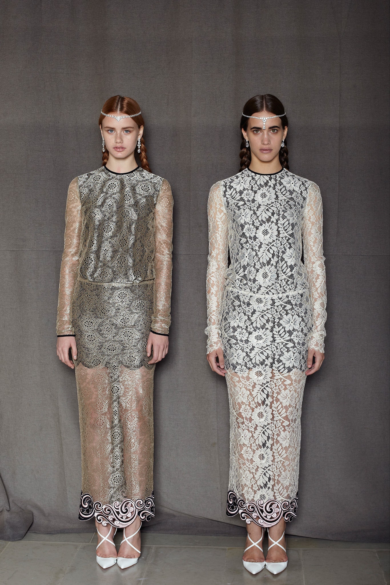 beige lace long-sleeve high-neck fitted embroidered tiered dress