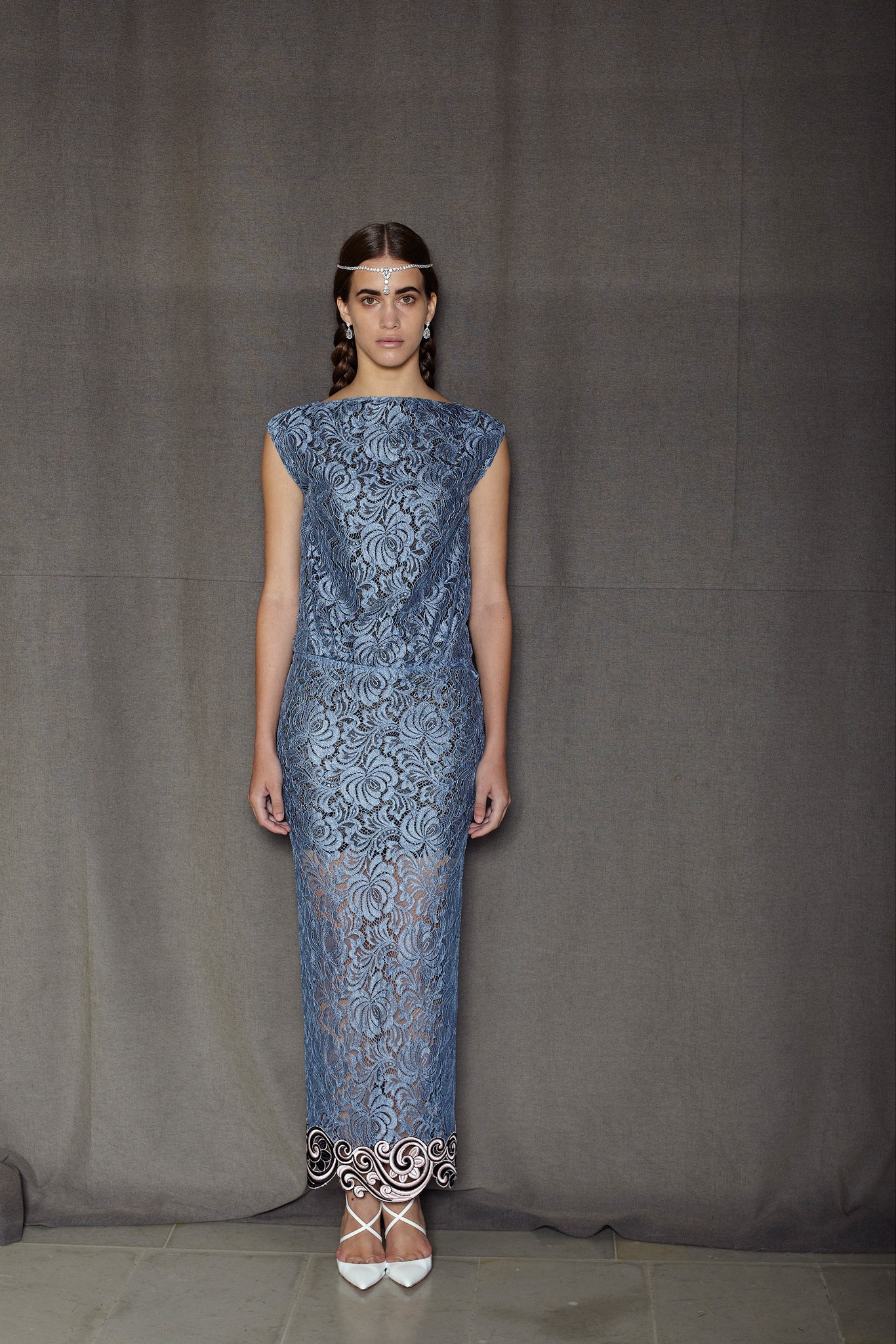blue lace fitted gown