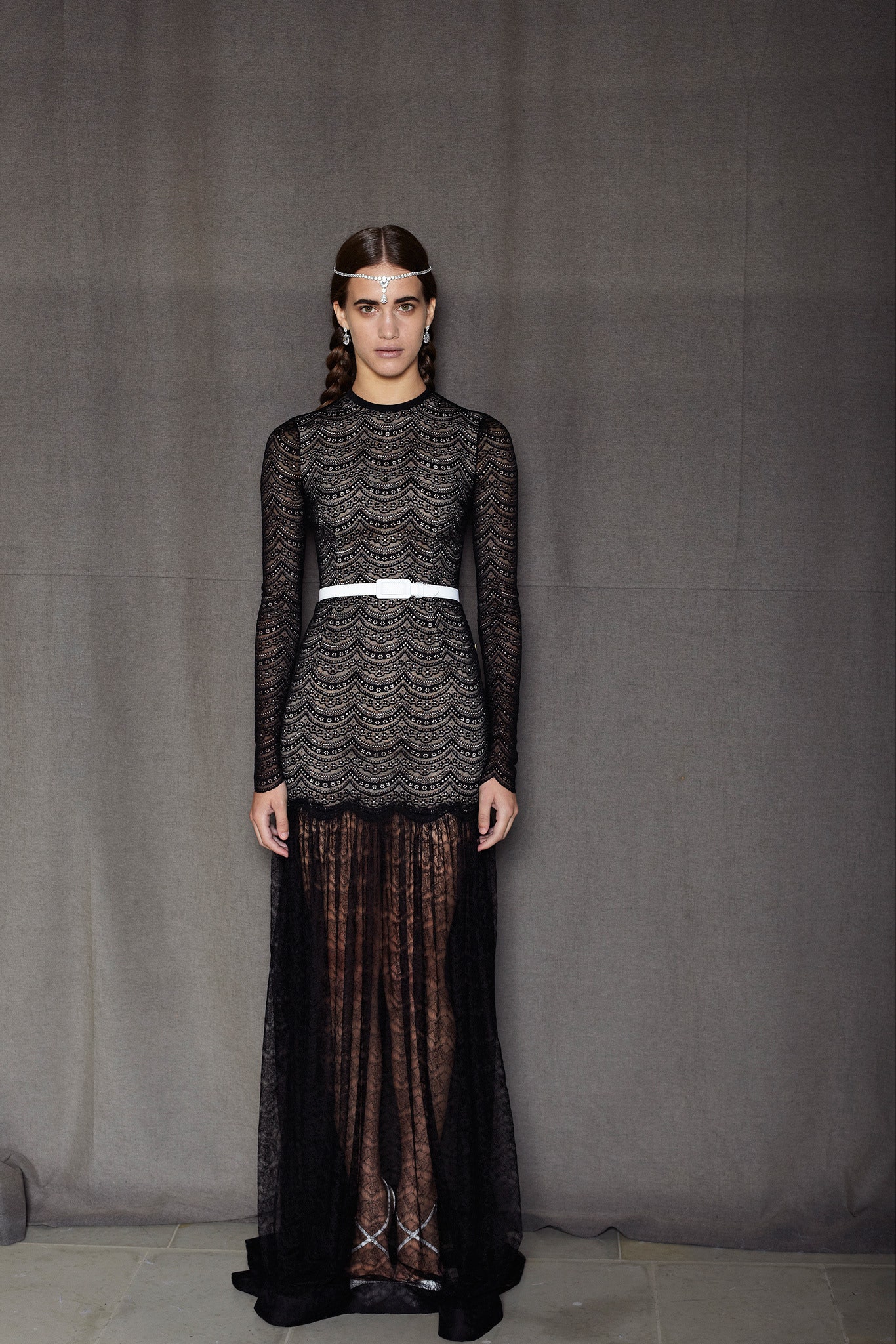 black lace gown with layered silk