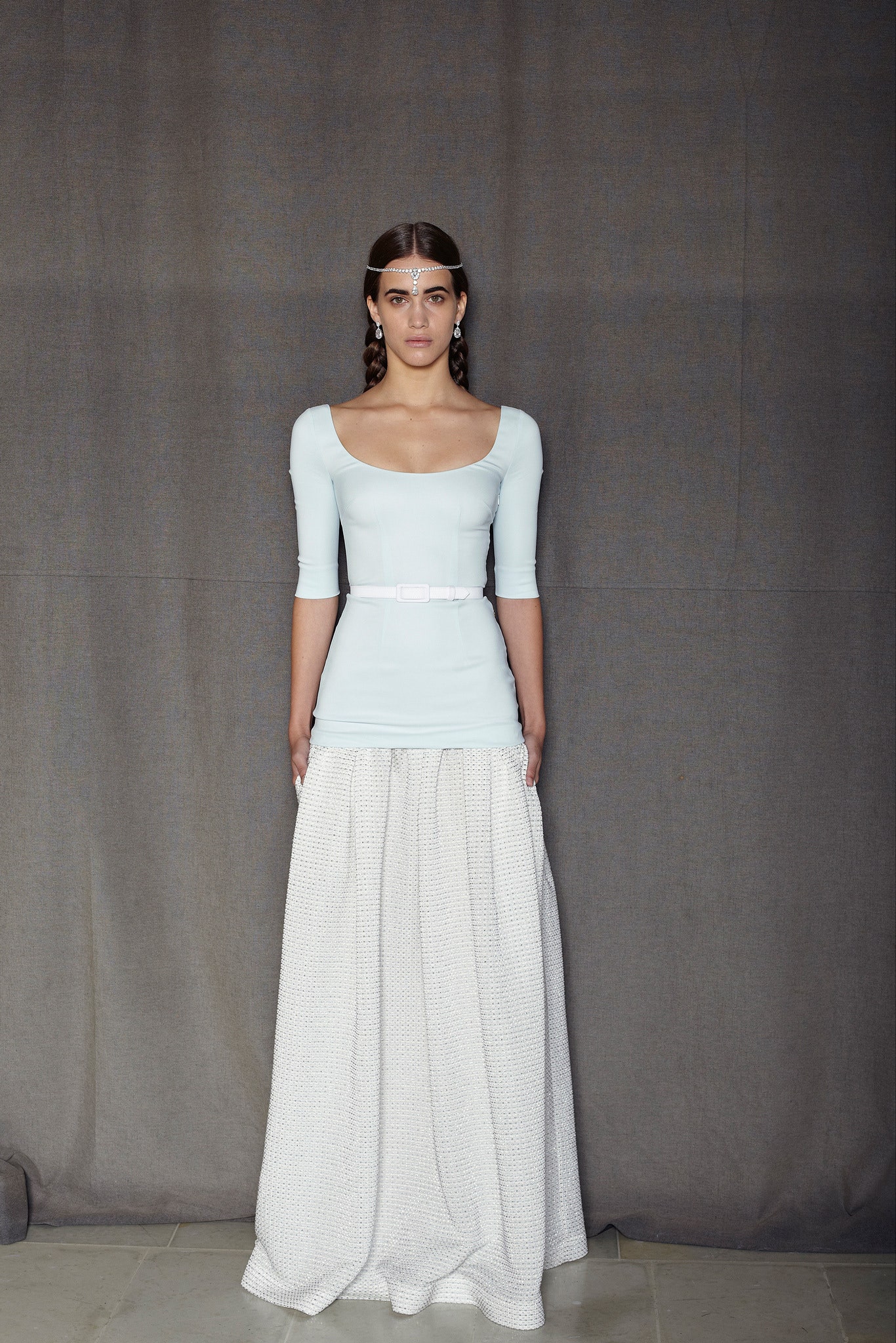 light blue fitted top with white skirt