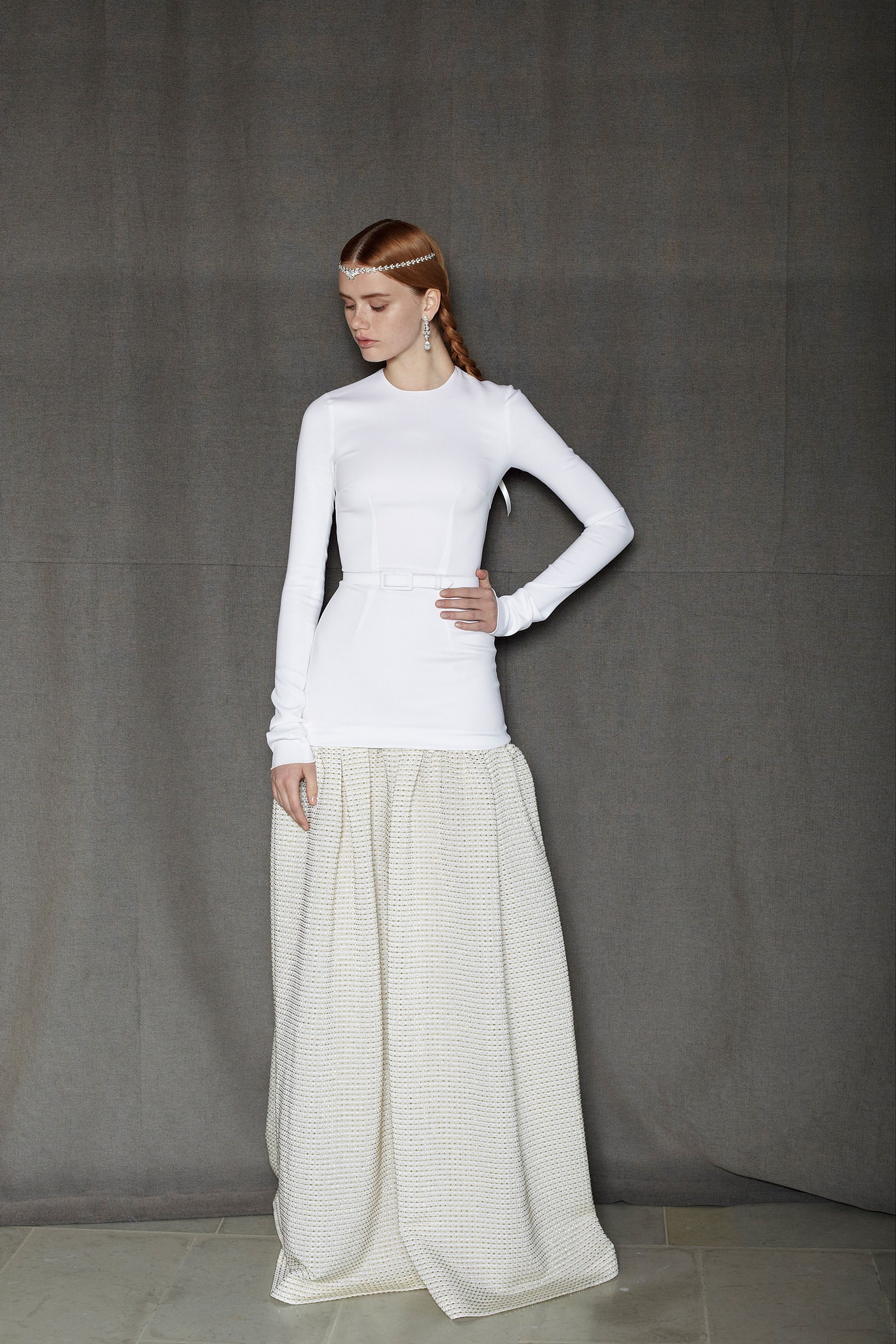 white cotton long-sleeve high-neck fitted belted top