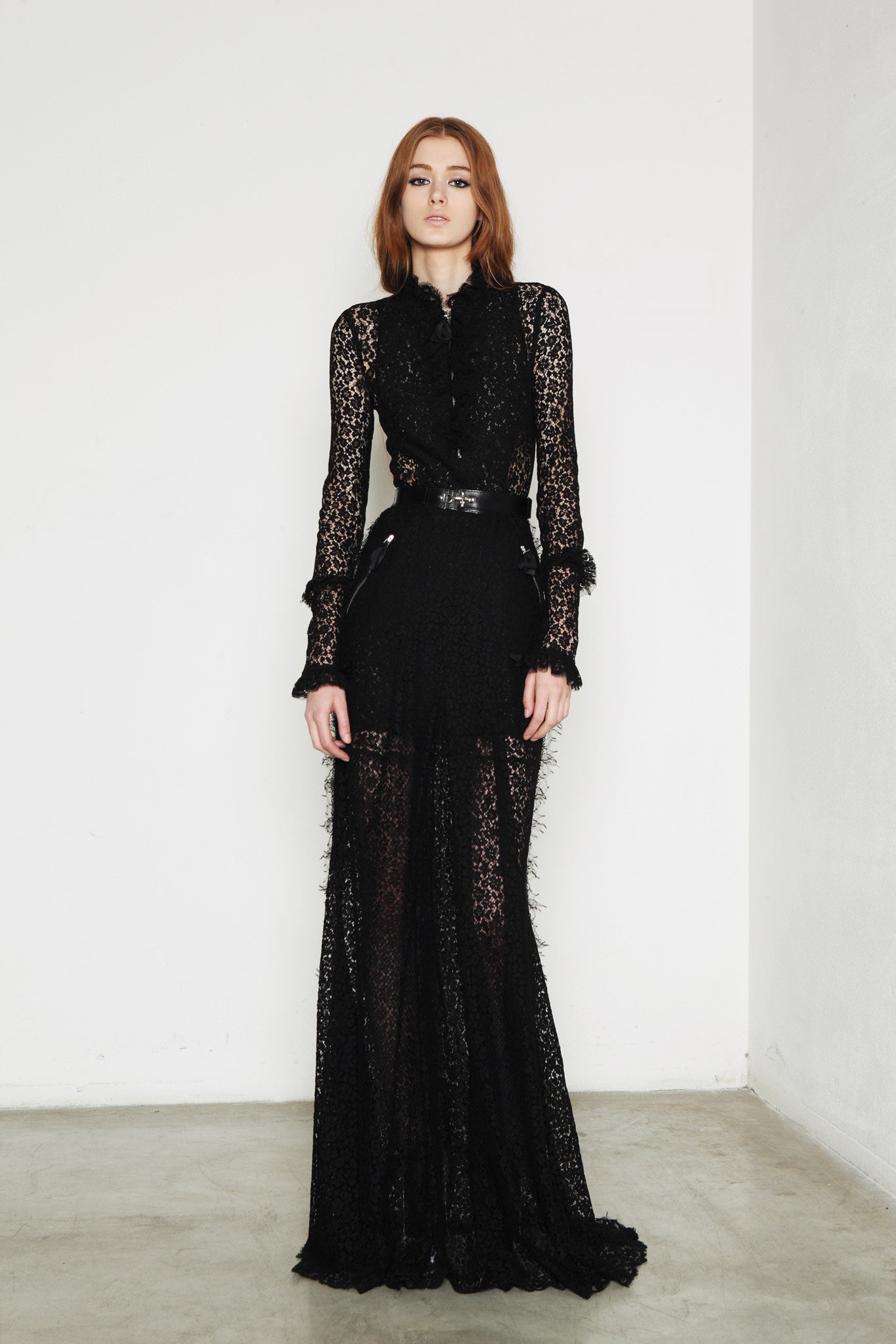 black lace long-sleeve gown