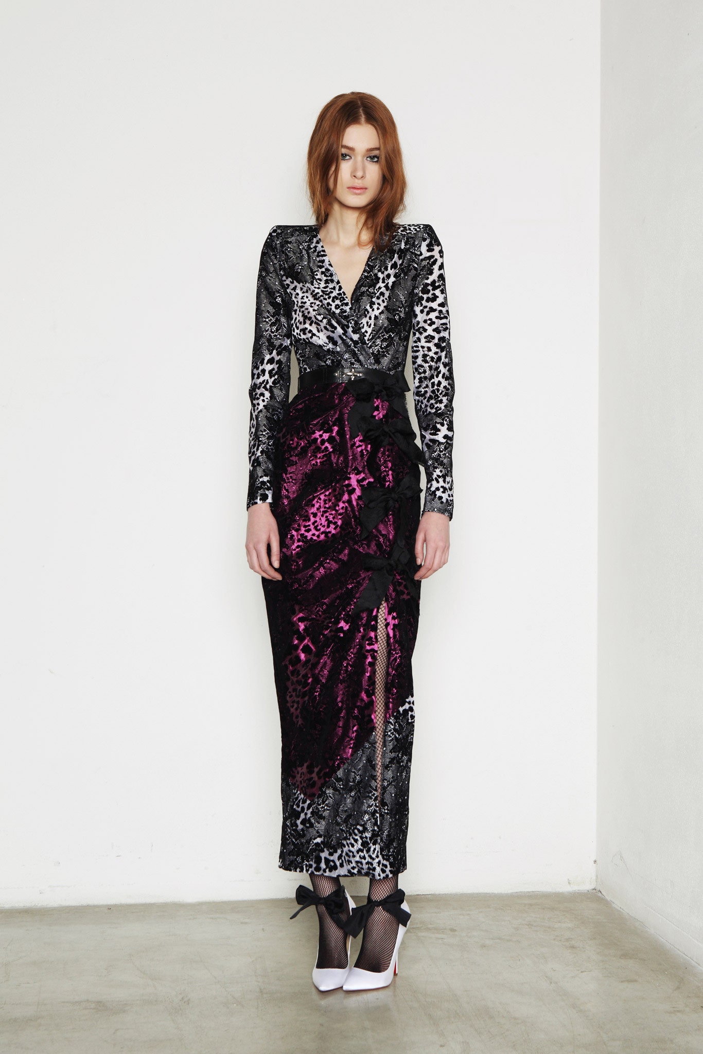 black velvet long-sleeve v-neck fitted draped tiered dress