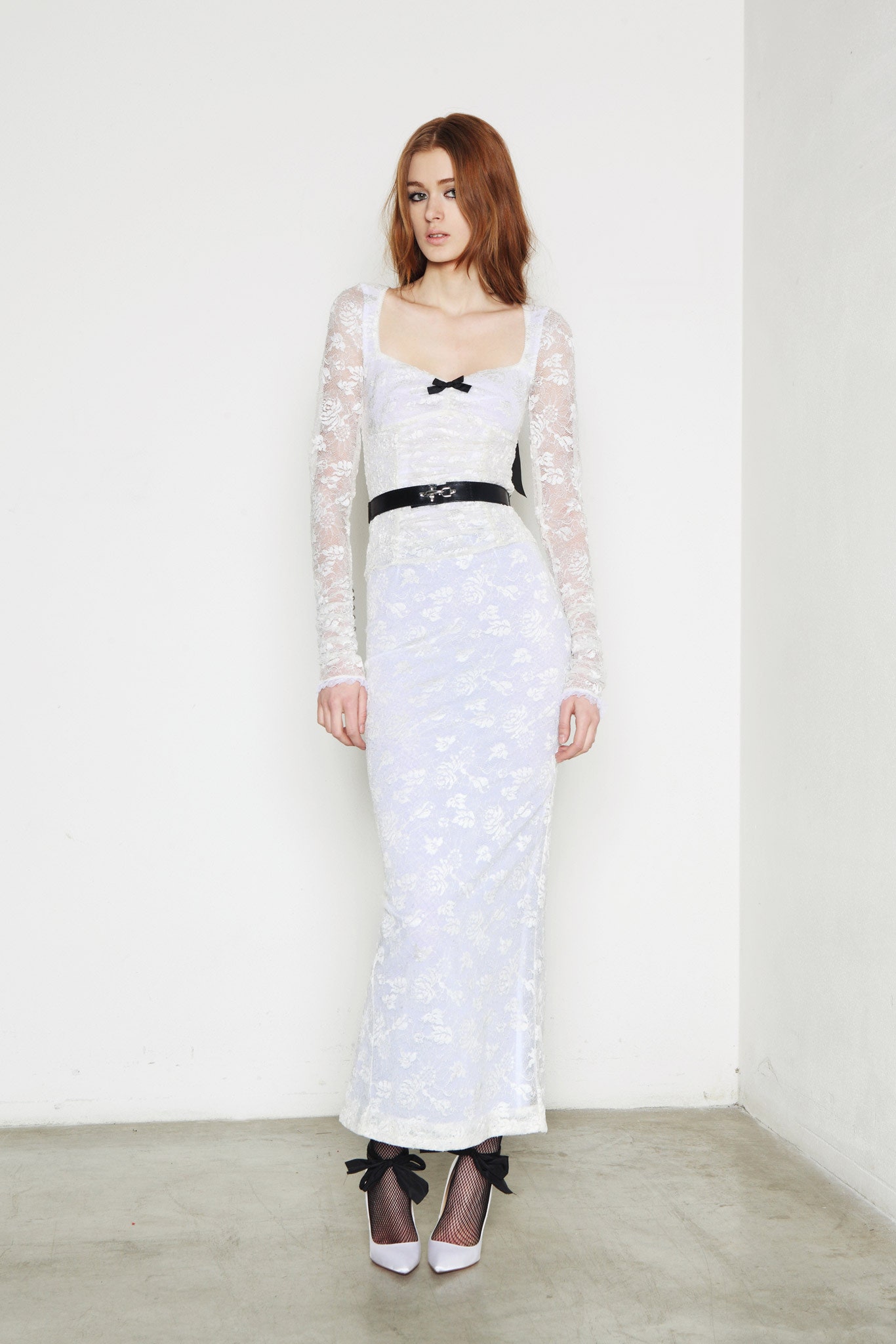 white lace long-sleeve square-neck fitted embroidered maxi dress