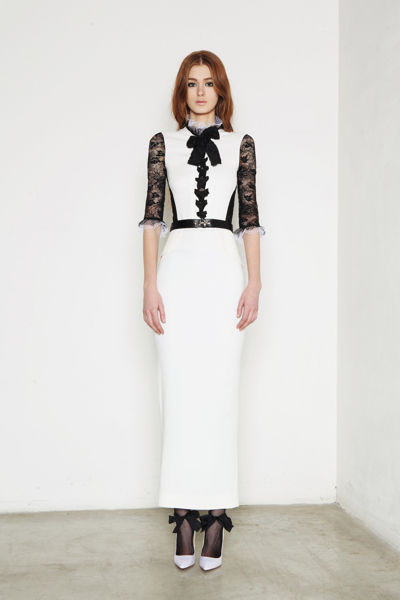 fitted white and black long-sleeve dress