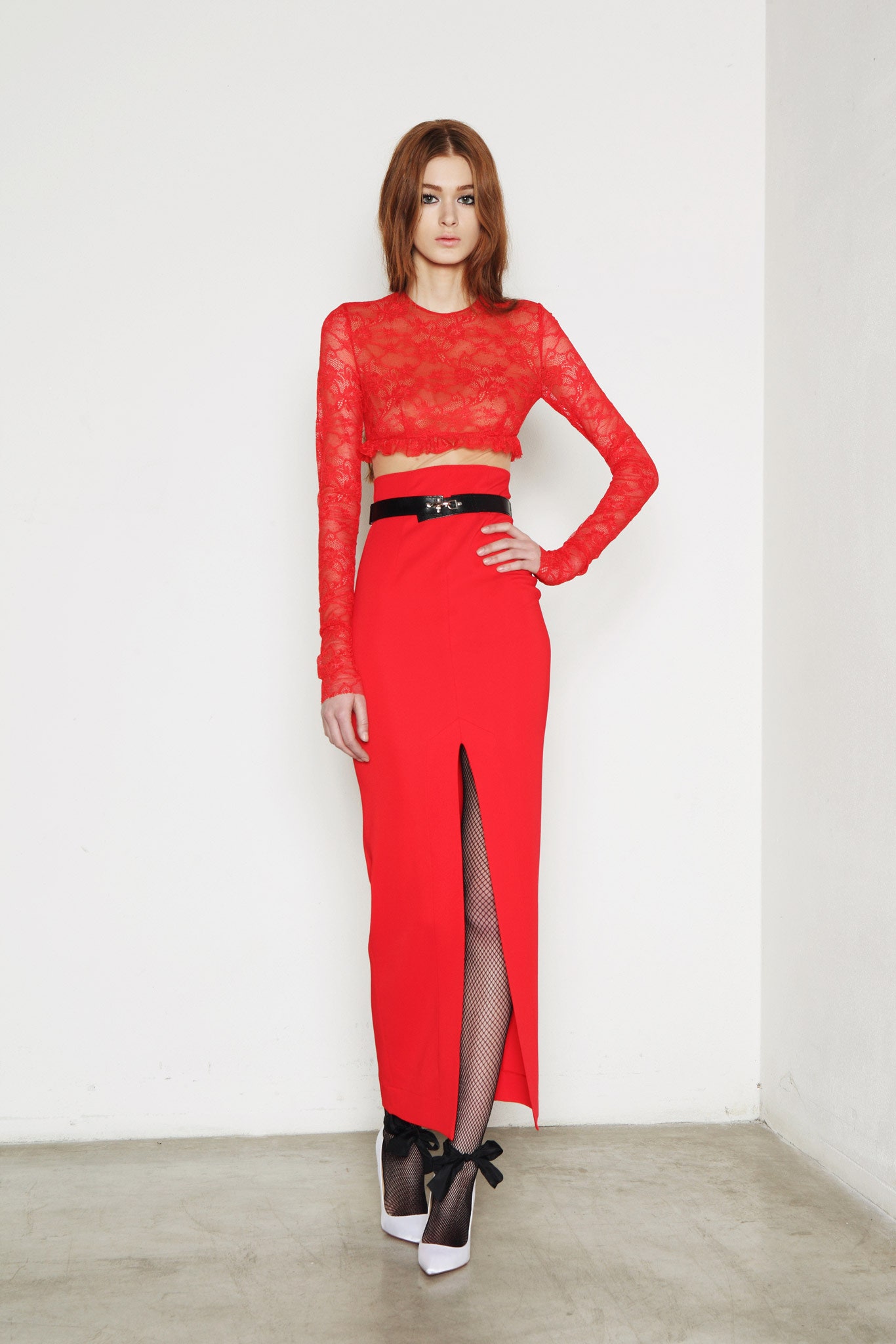 red lace long-sleeve high-neck fitted sheer cropped top