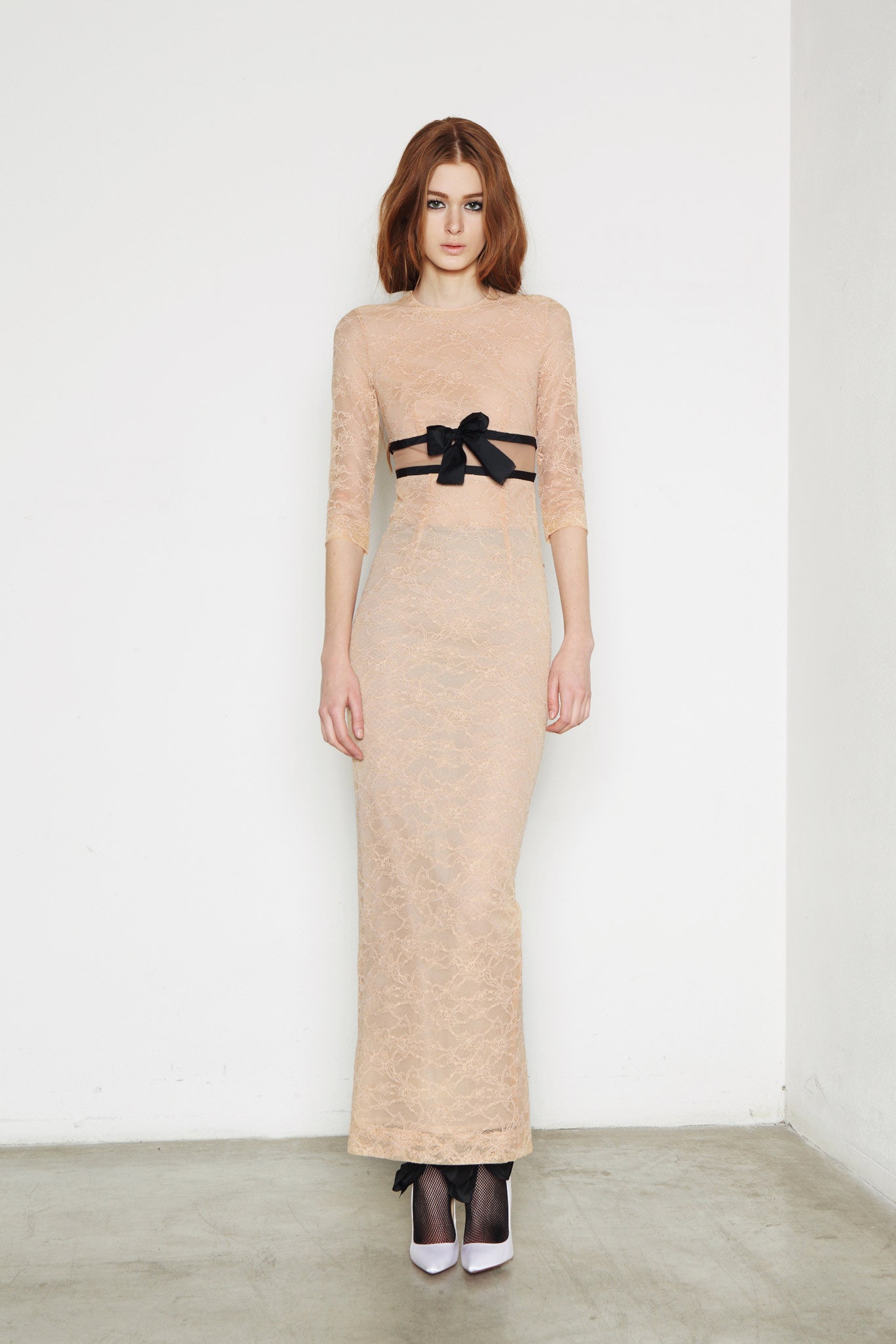 beige lace long-sleeve high-neck fitted ruched maxi gown