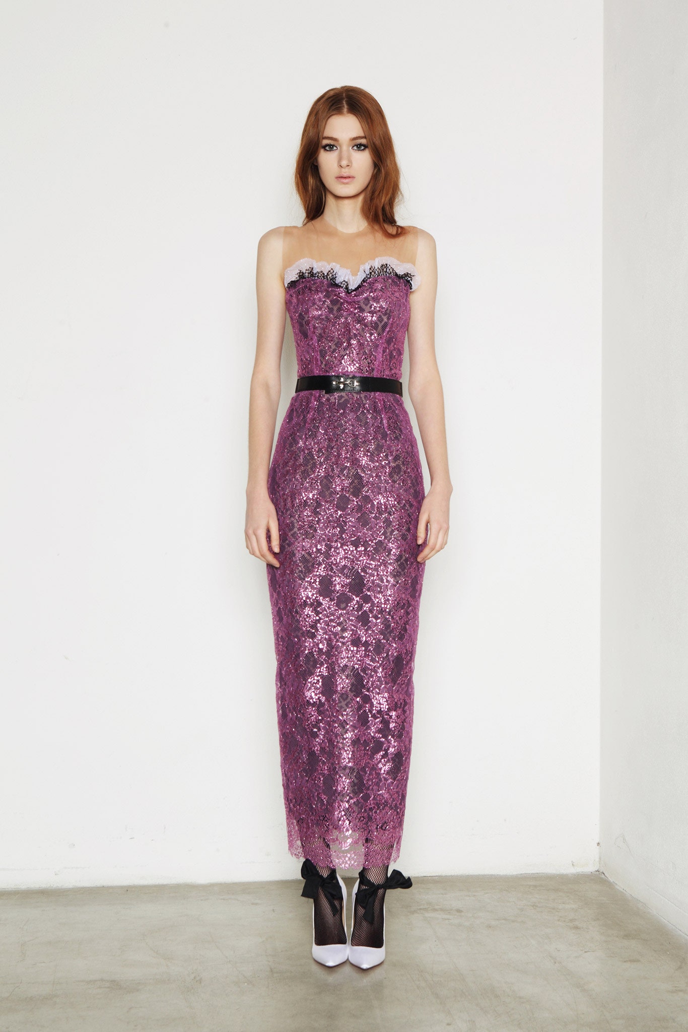 purple lace strapless fitted embroidered midi gown