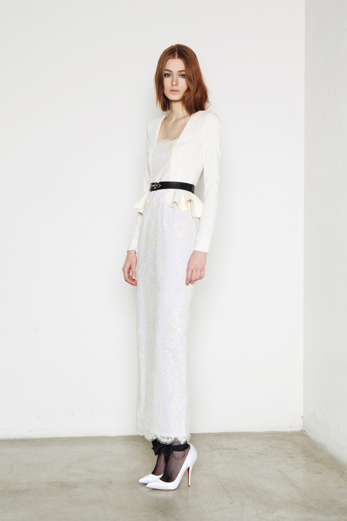 white lace long-sleeve v-neck fitted pleated maxi dress