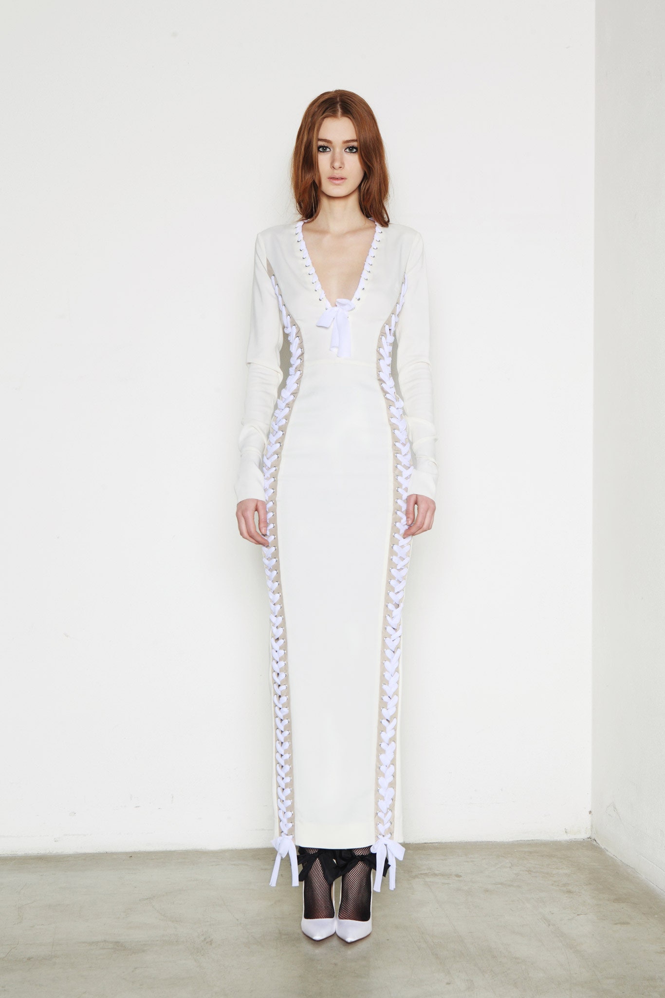 fitted white silk gown