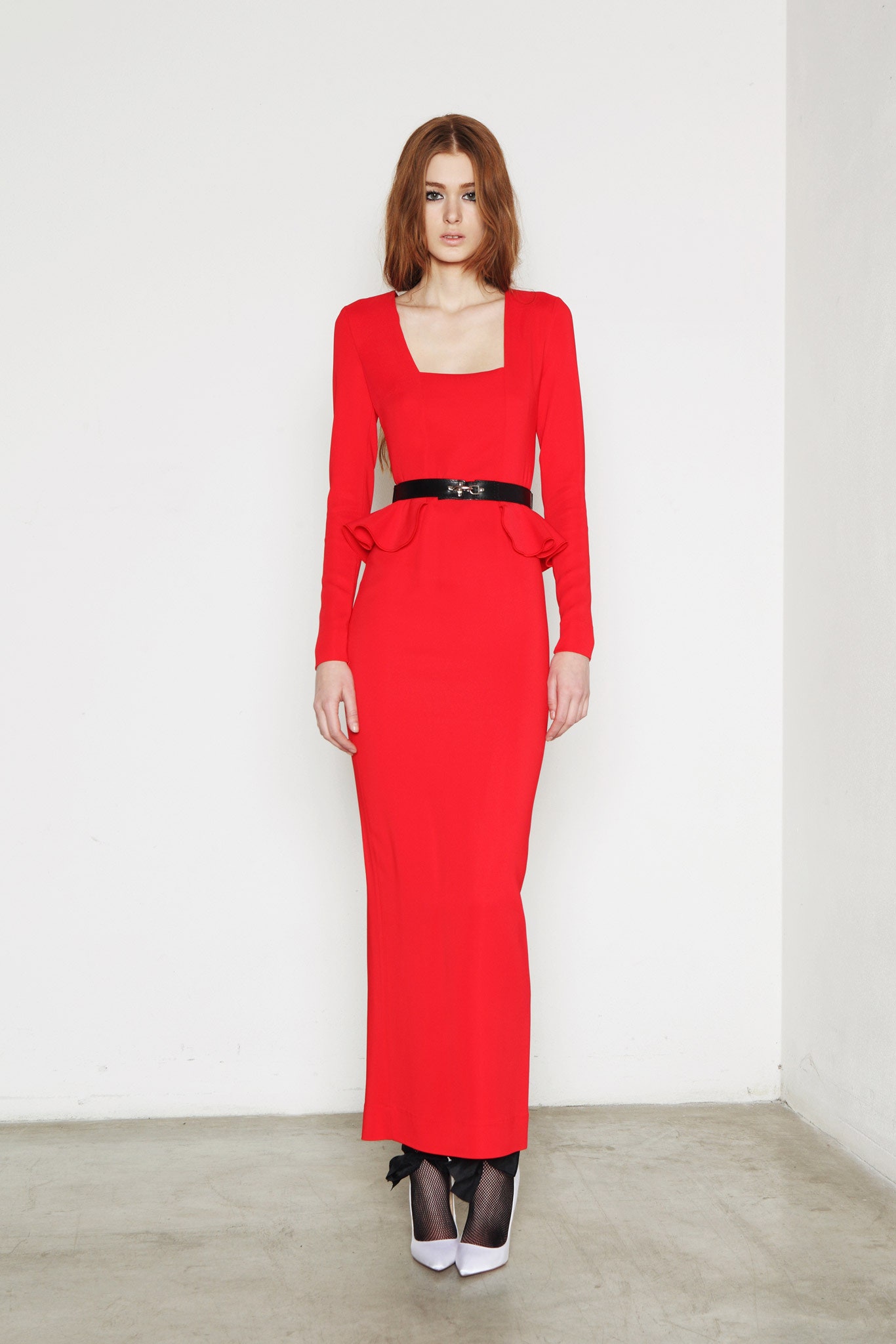 red long-sleeve square-neck fitted flared maxi gown