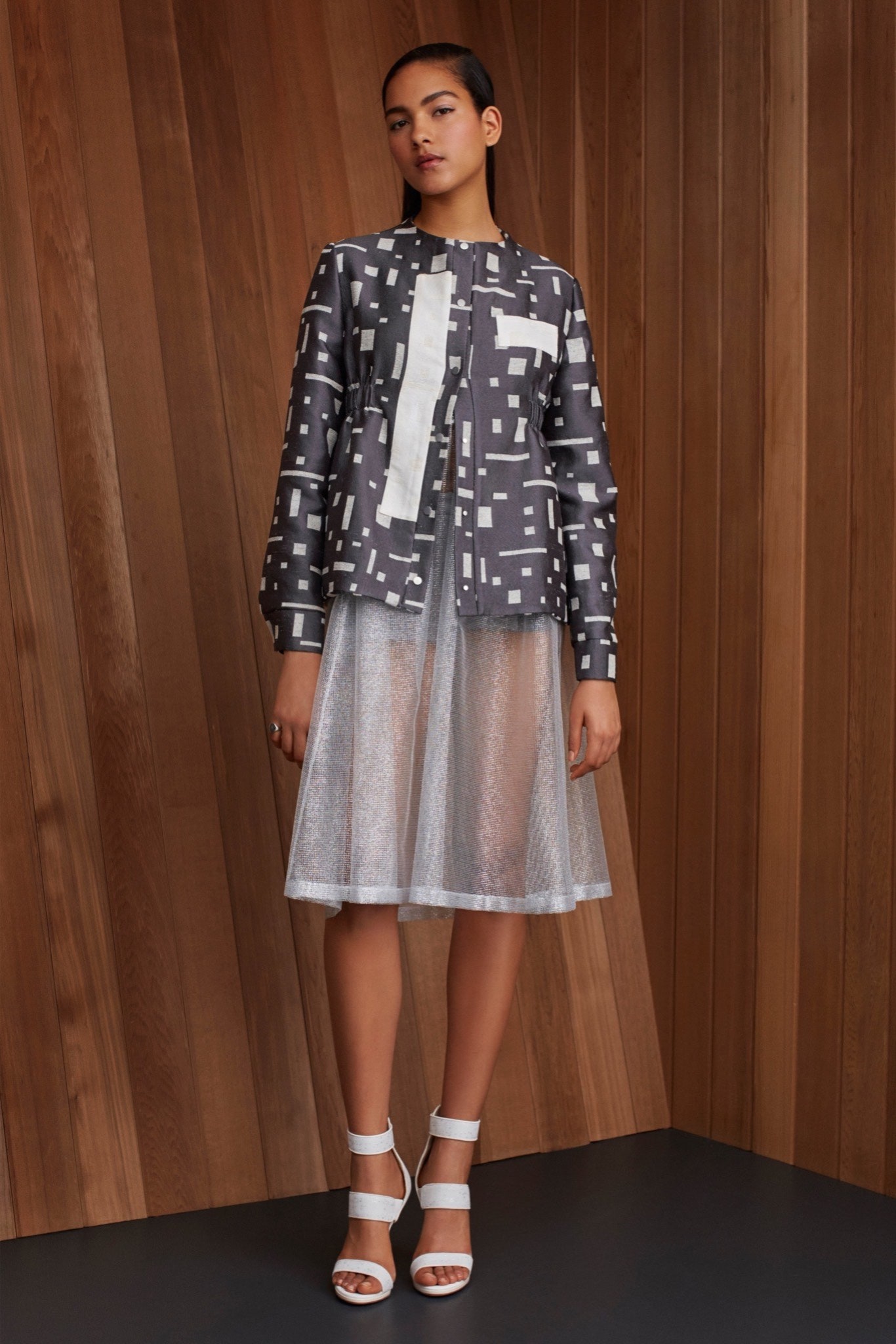 gray cotton long-sleeve collared structured printed jacket