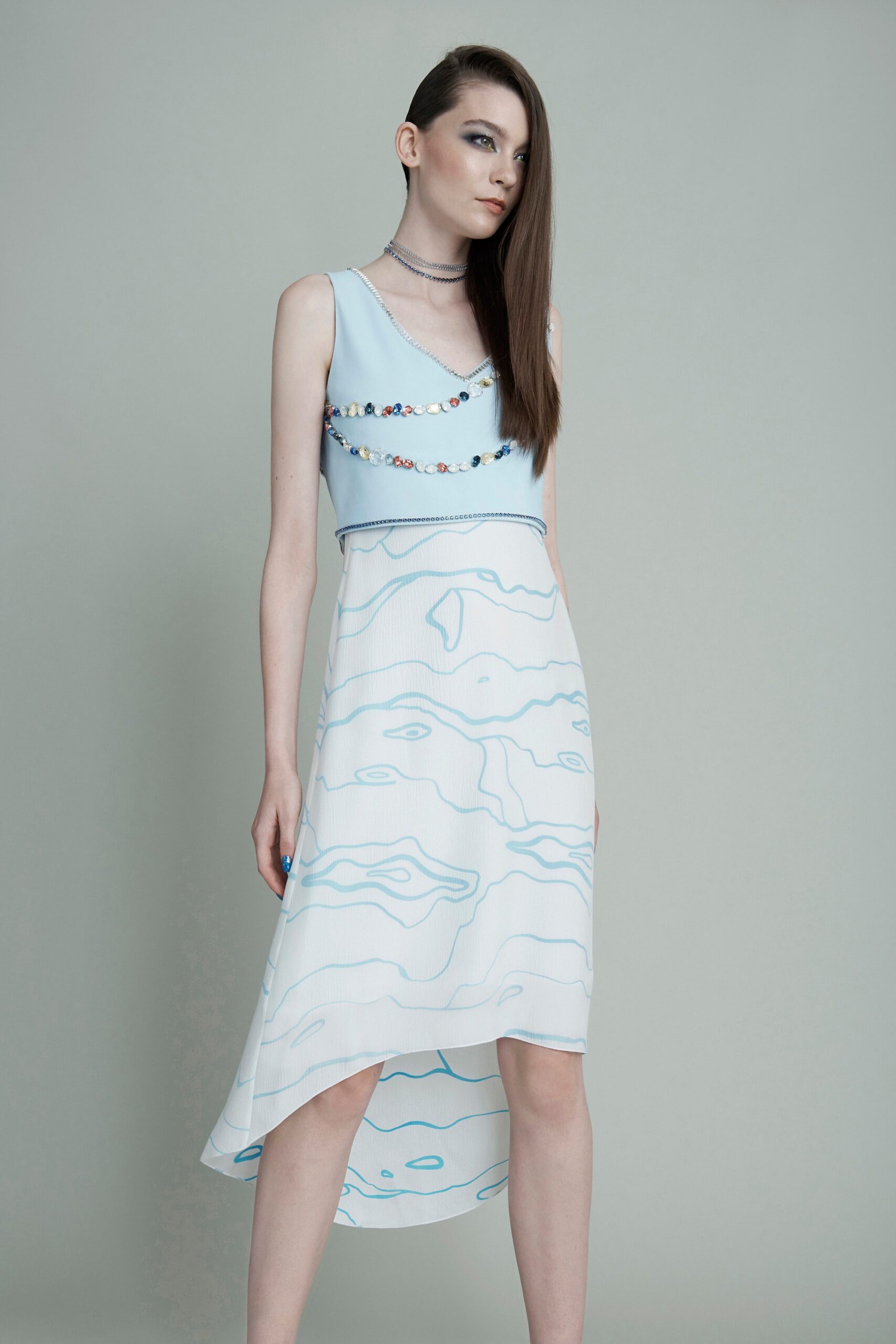 blue and white printed midi dress